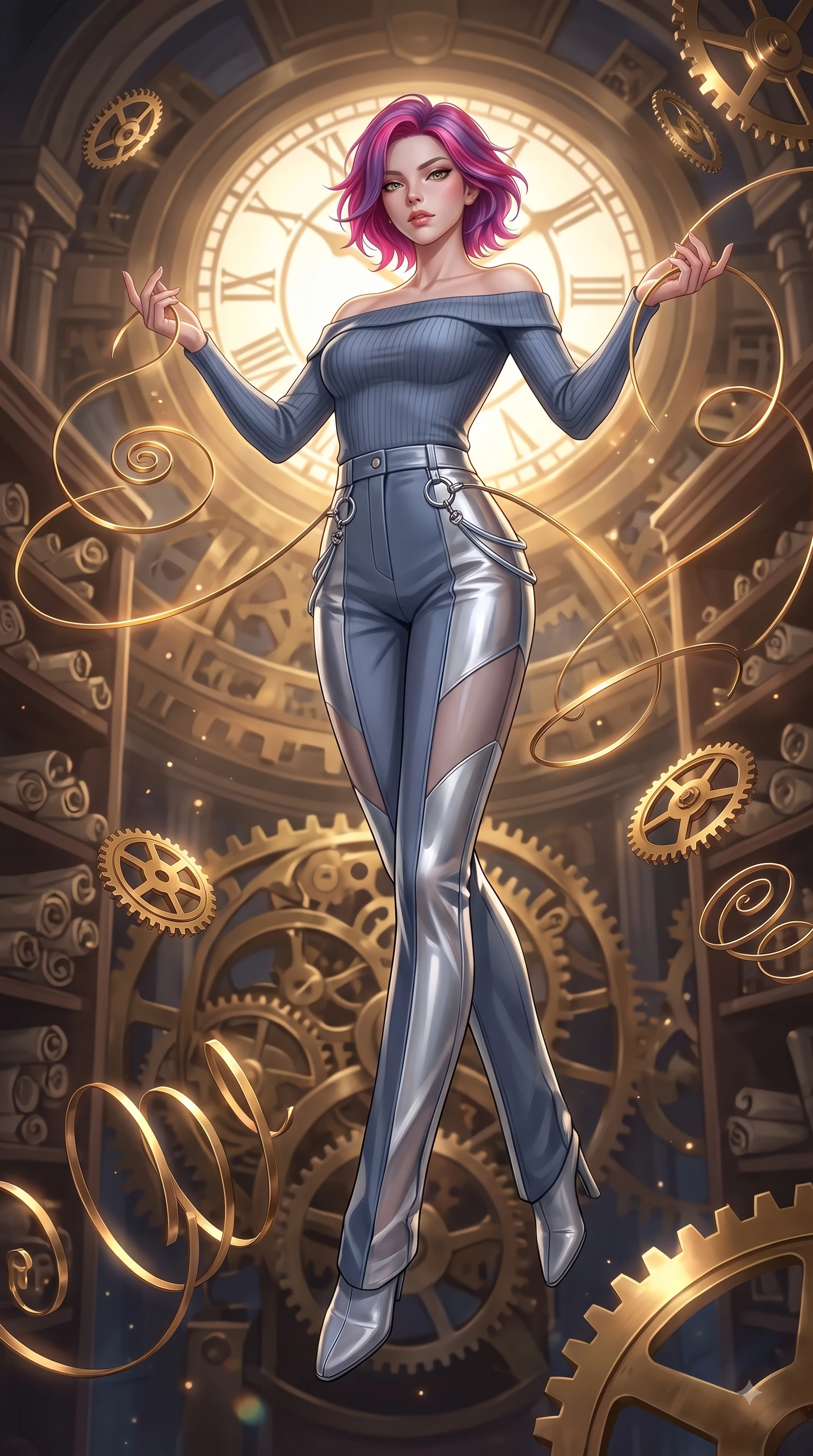 score_9, masterpiece, best quality, ultra-detailed, high-budget anime keyframe, editorial fashion photography, tasteful artistic composition, Caucasian woman. low angle full-body shot from head to toe showing her feet, filling the entire 9:16 vertical frame with her statuesque presence, stretching her vertical silhouette. leaping gracefully through mid-air with statuesque elegance, her impossibly long slender legs stretched in perfect balance while threading glowing clockwork spring wires in a vintage archives hall with magnetic allure, floating brass gears and clocksprings casting intricate metallic reflections. She has an absolutely perfect, statuesque 8.5-heads proportion, an exceptionally tall and slender model-like female figure with impossibly long slender legs and an ultra-slim waist. sharp v-shaped jawline, high-bridge nose, intricate jewel-like eyes with depth, thick eyelashes, glossy lips with a natural sheen, flawlessly proportioned anatomical accuracy, natural body alignment, perfectly sculpted elegant limbs, clean dynamic posture without body distortion. wearing a sleek off-shoulder ribbed knit top paired with high-waist tailored pants in slate blue and metallic silver, woven from fine semi-opaque sheer organza, accented with delicate chrome ring hardware framing her waist, the tailored fabric tightly following every curve of her athletic build. illuminated by a brilliant golden hour glow filtering through clockwork dials. ultra-reflective glossy finish, specular highlights, metallic sheen, high-contrast stereoscopic depth, volumetric dynamic lighting, 2k, ultra detail, master piece, 9:16 ratio