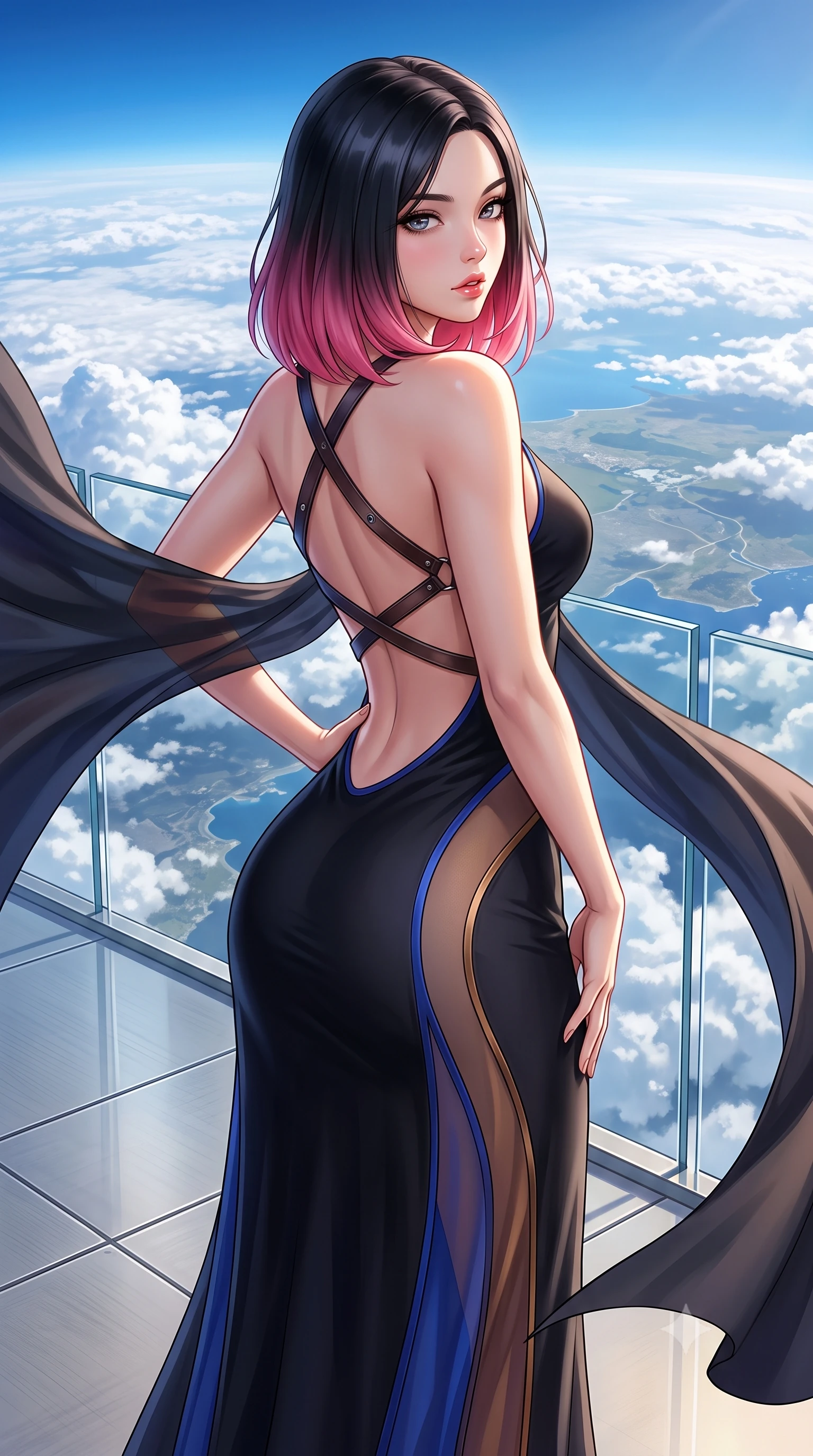 score_9, masterpiece, best quality, ultra-detailed, high-budget anime keyframe, semi-realistic 3D game render, editorial fashion photography, tasteful artistic composition, Korean woman. close-up cowboy shot from the waist and thighs up, the character dominates the composition, filling the frame with her large presence. posing in an alluring rear three-quarter angle, arching her lower back in a pronounced S-curve with one hand on her hip, glancing seductively over her bare shoulder with parted glossy lips while standing poised on the high-altitude sun deck, twisting her slender torso in an alluring S-curve as stratospheric trade winds flutter her sweeping cape. The surrounding environment is rendered in vivid detail and crisp panoramic clarity. sharp titanium deck seams, scratchless glass balustrade clarity, and stratospheric cloud texture in deep focus. She has an exceptionally elegant, slender, and willowy female figure with an ultra-slim waist, flat toned midriff, narrow ribcage, and sculpted feminine hips creating an alluring, slim hourglass silhouette without bulk. sharp v-shaped jawline, high-bridge nose, intricate jewel-like eyes with depth, thick eyelashes, glossy parted lips with a natural sheen, intensely captivating and seductive bedroom-eyes expression, flawlessly proportioned anatomical accuracy, strict slender model proportions, natural body alignment, perfectly sculpted long slender limbs, ultra-slim waistline, clean dynamic posture without body distortion. wearing a second-skin black silk jersey maxi dress with asymmetrical sheer mesh side panels tracing the full curve of her hip in royal sapphire blue and liquid bronze, tailored from liquid silk jersey adhering flawlessly to her slender build, featuring an open-back criss-cross harness strap in dark leather, the glove-like aerodynamic silhouette tightly following the natural contour of her hips and long slender legs with statuesque 8.5-heads elegance. illuminated by warm white composite floor bounce fill sharply sculpting her razor-sharp jawline, narrow waist, and curvy hips. highly saturated vibrant anime colors, detailed shading with soft gradients, rich glossy textures, high-contrast stereoscopic depth, volumetric dynamic lighting, master piece, 9:16 ratio