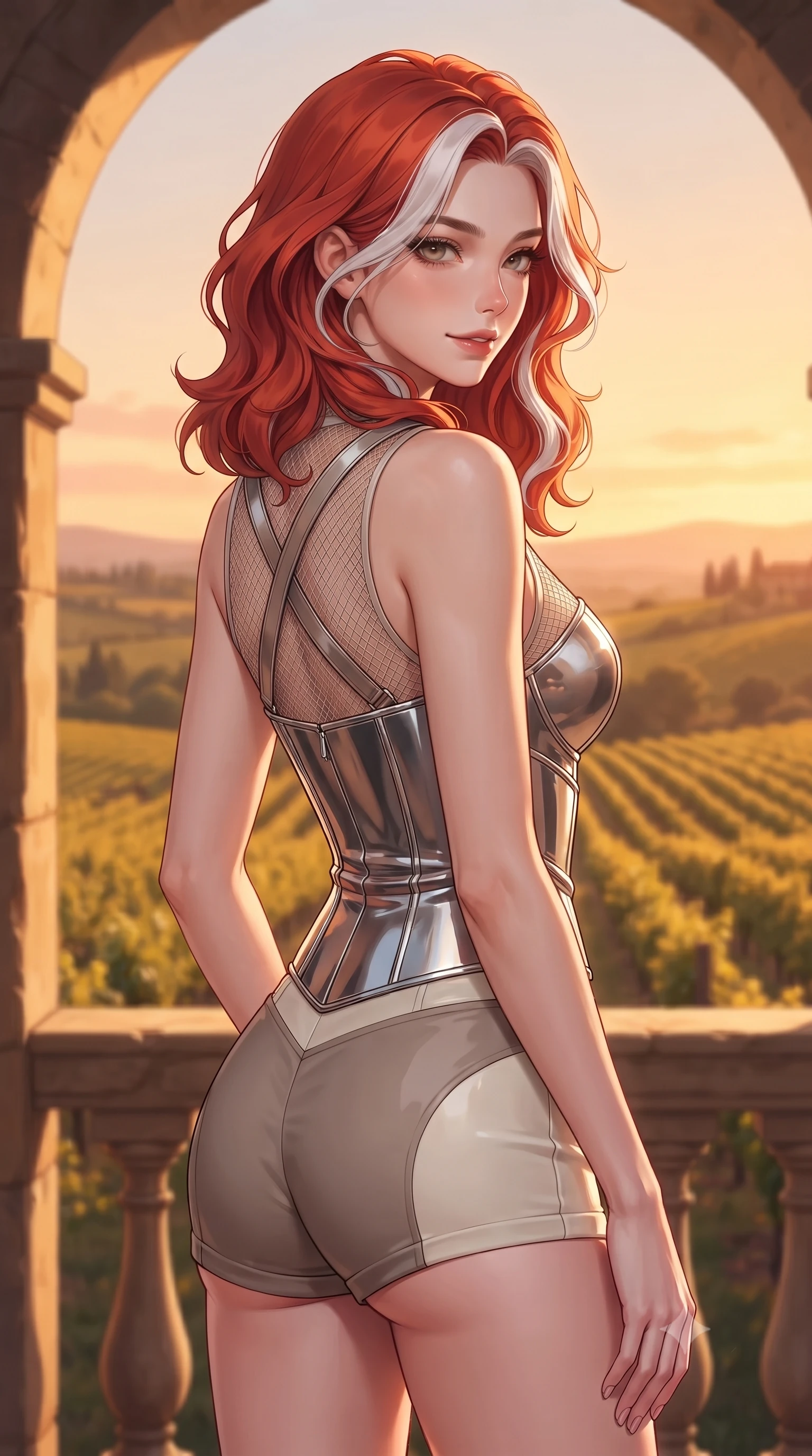 score_9, masterpiece, best quality, ultra-detailed, high-budget anime keyframe, editorial fashion photography, tasteful artistic composition, Caucasian woman. close-up cowboy shot from the waist and thighs up, the character dominates the composition, filling the frame with her large presence, background elements kept in soft focus. Glancing sidelong over her shoulder with a smoldering half-smile and heavy lashes looking out from an archway balcony over rolling golden Tuscan vineyards at dusk, warm golden evening light painting the horizon in peach and amber tones. She has an exceptionally elegant, slender, and willowy female figure with an ultra-slim waist, a gracefully sculpted slender torso, and a refined silhouette. sharp v-shaped jawline, high-bridge nose, intricate jewel-like eyes with depth, thick eyelashes, glossy lips with a natural sheen. wearing a chrome-plated structured bodice worn over a sheer mesh top and micro-shorts in muted taupe and soft ivory, tailored from high-gloss patent leather, complemented by criss-cross back straps highlighting her bare shoulders, the form-contouring material highlighting her ultra-slim waist and long lines. surrounded by a clear, sun-drenched atmosphere with crisp shadows. highly saturated vibrant anime colors, detailed shading with soft gradients, rich glossy textures, high-contrast stereoscopic depth, volumetric dynamic lighting, master piece, 9:16 ratio