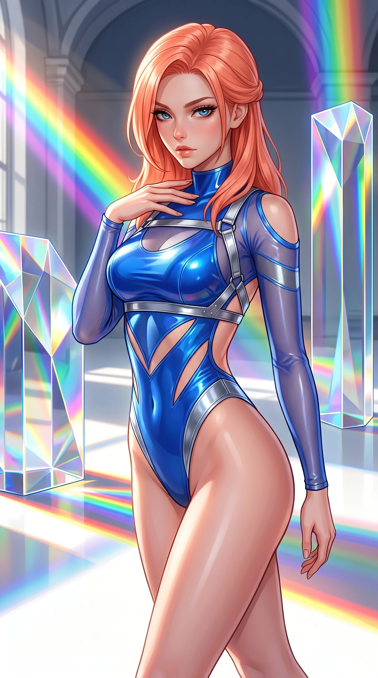 score_9, masterpiece, best quality, ultra-detailed, high-budget anime keyframe, semi-realistic 3D game render, editorial fashion photography, tasteful artistic composition, Japanese woman. close-up cowboy shot from the waist and thighs up, the character dominates the composition, filling the frame with her large presence. leaning forward with a dangerous, enticing smolder, resting one hand near her collarbone while casting a fiery, magnetic direct gaze while striding commanding through a sun-drenched art hall where giant crystal prisms project vivid rainbow beams. The surrounding environment is rendered in vivid detail and crisp panoramic clarity. razor-sharp optical crystal prism facets, distinct rainbow light band borders, and white gallery floor in deep focus. She has an exceptionally elegant, slender, and willowy female figure with an ultra-slim waist, a gracefully sculpted slender torso, toned flat midriff, and a refined slim silhouette. sharp v-shaped jawline, high-bridge nose, intricate jewel-like eyes with depth, thick eyelashes, glossy lips with a natural sheen, flawlessly proportioned anatomical accuracy, strict slender model proportions, natural body alignment, perfectly sculpted long slender limbs, ultra-slim waistline, clean dynamic posture without body distortion. wearing an ultra-sleek high-cut tech-bodysuit featuring dangerous diagonal slitted cutouts on the midriff and shoulders, reinforced by a metallic silver harness and sheer mesh sleeves in liquid electric cobalt blue and polished silver, tailored from semi-translucent cybernetic vinyl with glowing micro-filaments, complemented by criss-cross back straps highlighting her completely bare spine, the liquid-tight tailored fabric emphasizing every curve of her tall, slender model proportions and sculptured silhouette during dynamic movement. illuminated by high-contrast specular reflections on crystal and polished surfaces. highly saturated vibrant anime colors, detailed shading with soft gradients, rich glossy textures, high-contrast stereoscopic depth, volumetric dynamic lighting, master piece, 9:16 ratio
