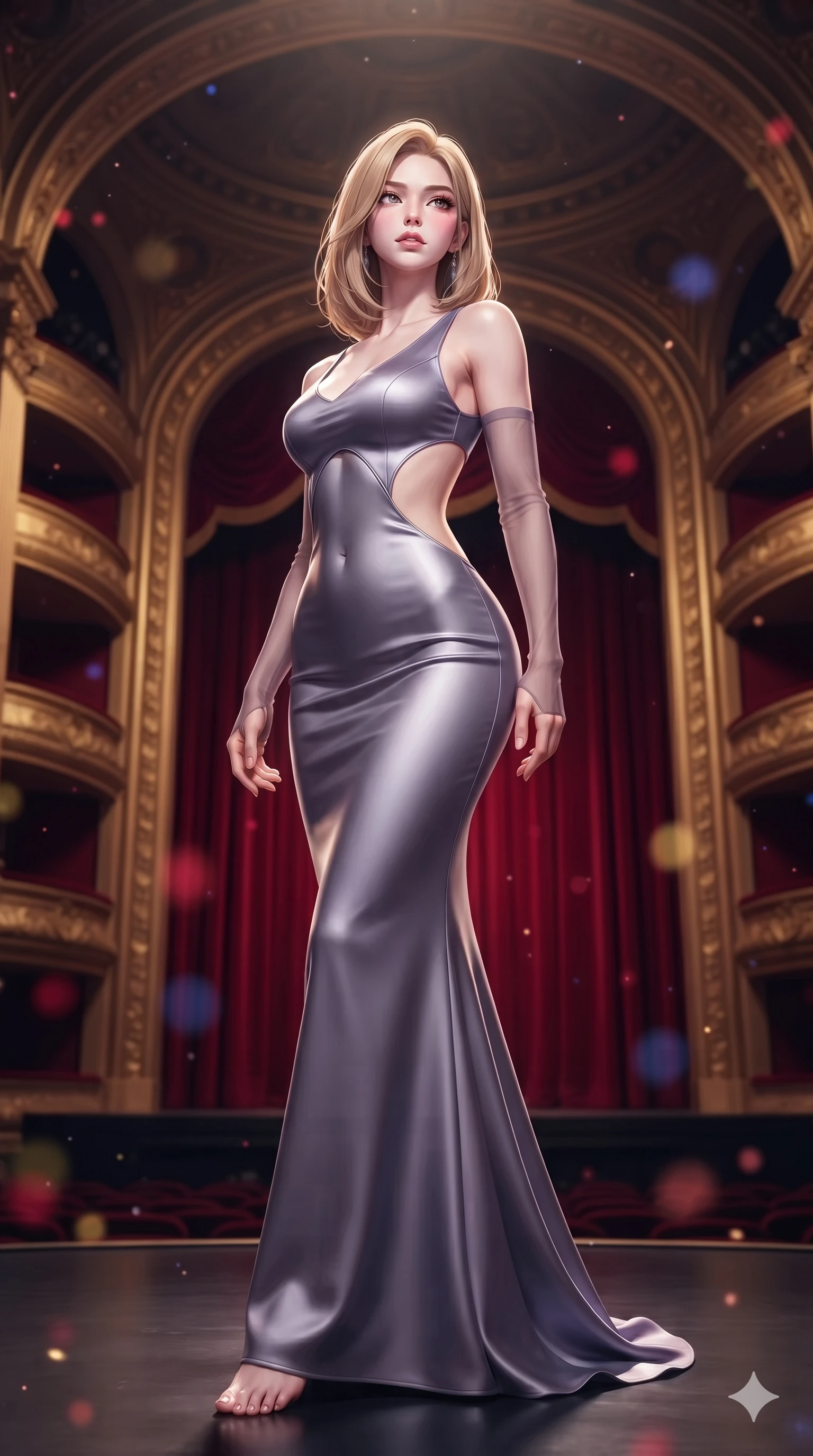 score_9, masterpiece, best quality, ultra-detailed, high-budget anime keyframe, semi-realistic 3D game render, editorial fashion photography, tasteful artistic composition, Korean woman. low angle full-body shot from head to toe showing her feet, filling the entire 9:16 vertical frame with her statuesque presence, stretching her vertical silhouette. sitting poised on the stone steps with one knee bent, arching her spine with supermodel elegance as she glances upward through thick eyelashes while standing poised at the center of the dark lacquered stage beneath monumental gilded proscenium arches, arching her back with sovereign diva charisma as theatrical spotlights converge. The composition keeps background elements in soft focus with creamy bokeh: tiered gilded opera tiers rising into the shadowed dome, monumental crimson velvet curtains, and floating stage dust motes blurred into ruby, gold, and indigo bokeh. She has an exceptionally tall and slender model-like 8.5-heads proportion, an ultra-slim waist, a flat toned midriff, narrow delicate ribcage, and beautifully sculpted feminine hips creating a graceful, slim hourglass silhouette without any bulky heaviness, with impossibly long slender legs. sharp v-shaped jawline, high-bridge nose, intricate jewel-like eyes with depth, thick eyelashes, glossy parted lips with a natural sheen, intensely captivating and seductive bedroom-eyes expression, flawlessly proportioned anatomical accuracy, strict slender model proportions, natural body alignment, perfectly sculpted long slender limbs, ultra-slim waistline, clean dynamic posture without body distortion. wearing a sculptured liquid-satin mermaid gown with an architectural open-waist cutout and bare spine descending to the tailbone in Highland heather violet and slate granite, crafted from bespoke double-faced cashmere with an exceptionally soft tactile finish, complemented by sheer opera-length evening gloves tracing her slender arms, the precision-cut side openings and low-back scoop framing her graceful spine and the sensual sweep of her slim, toned hips. illuminated by crisp directional theatrical spotlights sharply defining her sculpted collarbones, ultra-slim waist, and curvy hips. highly saturated vibrant anime colors, detailed shading with soft gradients, rich glossy textures, high-contrast stereoscopic depth, volumetric dynamic lighting, master piece, 9:16 ratio