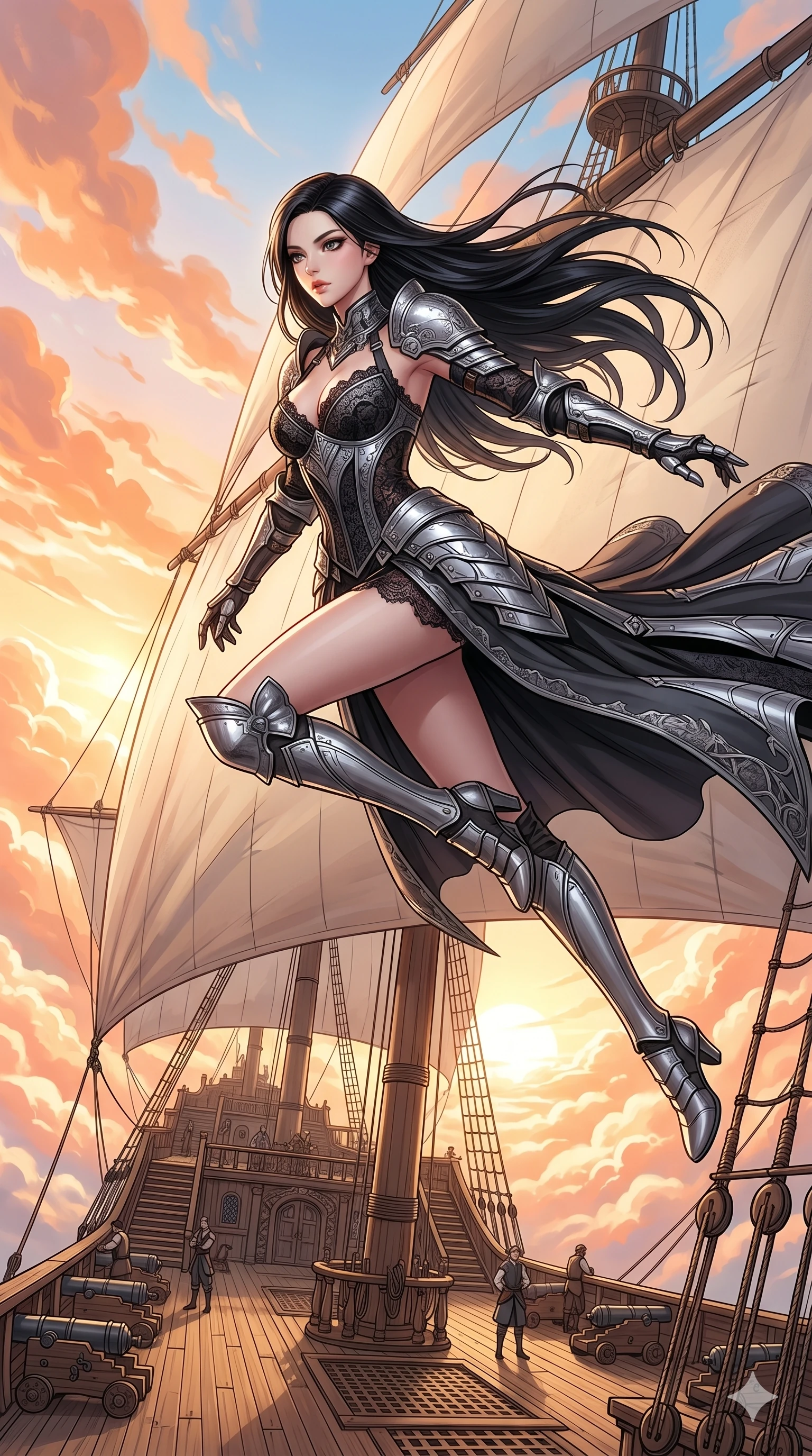 score_9, masterpiece, best quality, ultra-detailed, Set C: High-budget Anime Keyframe, Korean woman. Low angle cowboy shot filling the entire 9:16 frame with her statuesque presence. Leaping across the sails of a giant airship in the clouds. She has an absolutely perfect 8-heads proportion, an exceptionally tall and slender female figure with elegant long slender legs and an slender waist. Sharp v-shaped jawline, high-bridge nose, intricate jewel-like eyes with depth, thick eyelashes, glossy lips. Wearing a Dark Fantasy outfit: gothic lace corset gown with silver armor and a v-neckline. Background is a bright and colorful sky with vibrant orange clouds and a wooden airship deck. 2k, ultra detail, master piece, 9:16 ratio