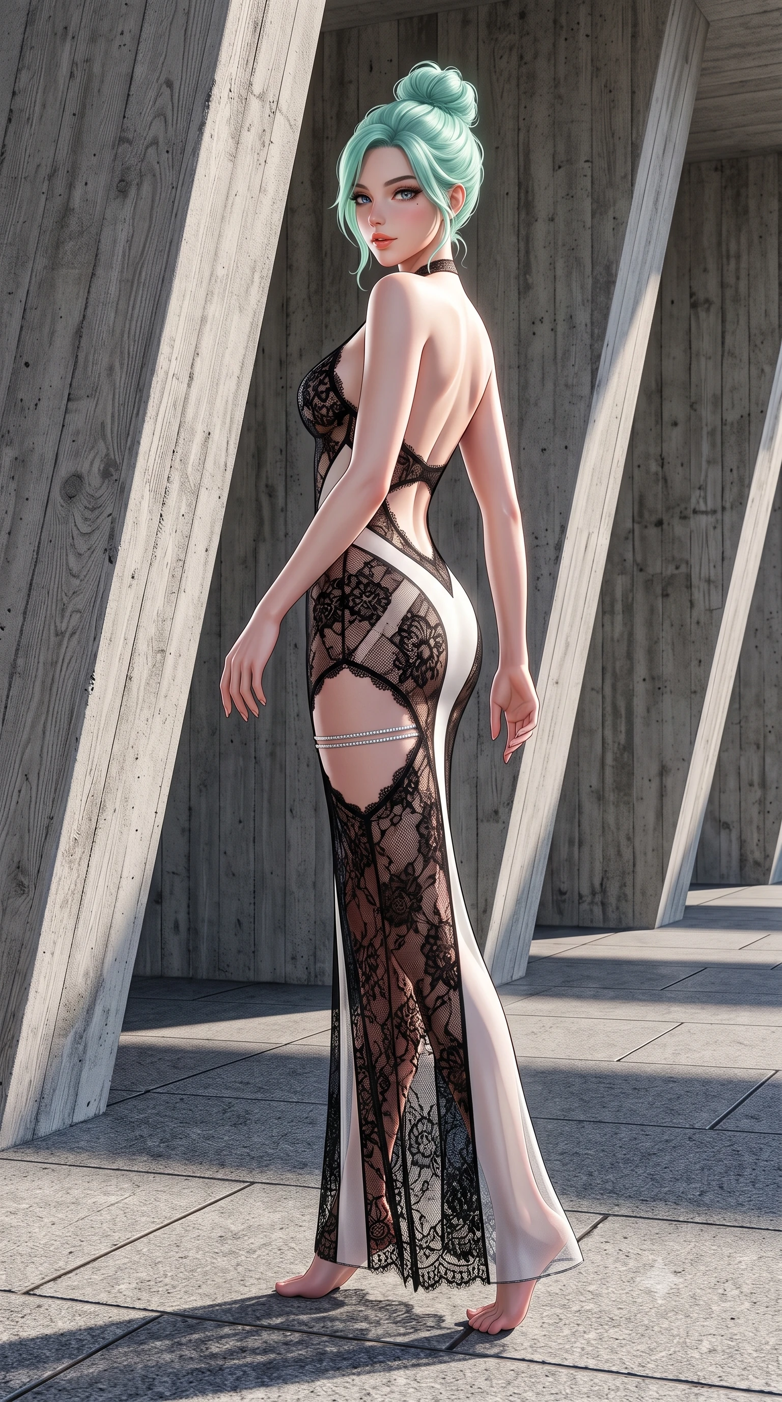score_9, masterpiece, best quality, ultra-detailed, high-budget anime keyframe, semi-realistic 3D game render, editorial fashion photography, tasteful artistic composition, Japanese woman. low angle full-body shot from head to toe showing her feet, filling the entire 9:16 vertical frame with her statuesque presence, stretching her vertical silhouette. walking along the terrace with poise, looking back over her bare shoulder with an irresistible smoldering bedroom-gaze while standing between massive angled raw concrete pillars, arching her lower back with dramatic high-fashion contrast against the stone. The surrounding environment is rendered in vivid detail and crisp panoramic clarity: sharp raw wood-grain concrete texture, crisp diagonal cast-shadow edges, and granite floor paver joints in deep focus. She has an absolutely perfect, statuesque 8.5-heads proportion, an exceptionally tall and slender model-like female figure with impossibly long slender legs, an ultra-slim waist, a flat toned midriff, narrow delicate ribcage, and beautifully sculpted feminine hips creating a graceful, slim hourglass silhouette without any bulky heaviness. sharp v-shaped jawline, high-bridge nose, sparkling eyes with hypnotic seductive depth, thick curled eyelashes, glossy parted lips with a natural dewy peach sheen, alluring bedroom-eyes with an enchanting coquettish smile, exuding magnetic siren charisma and sophisticated glamour, flawlessly proportioned anatomical accuracy, strict slender model proportions, natural body alignment, perfectly sculpted long slender limbs, ultra-slim waistline, clean dynamic posture without body distortion. wearing a provocative sheer illusion mesh column gown with opaque geometric panels strategically hugging her curves in high-contrast minimalist monochrome black and pure alabaster white, made of delicate semi-sheer French Chantilly lace with intricate eyelash edges, finished with delicate crystal-encrusted thigh garter straps glinting under the lights, the precision-cut side openings and low-back scoop framing her graceful spine and the sensual sweep of her slim, toned hips. illuminated by concrete bounce fill and sharp platinum-white rim lights sculpting her jawline, flat midriff, and curvaceous hips. highly saturated vibrant anime colors, detailed shading with soft gradients, rich glossy textures, high-contrast stereoscopic depth, volumetric dynamic lighting, master piece, 9:16 ratio