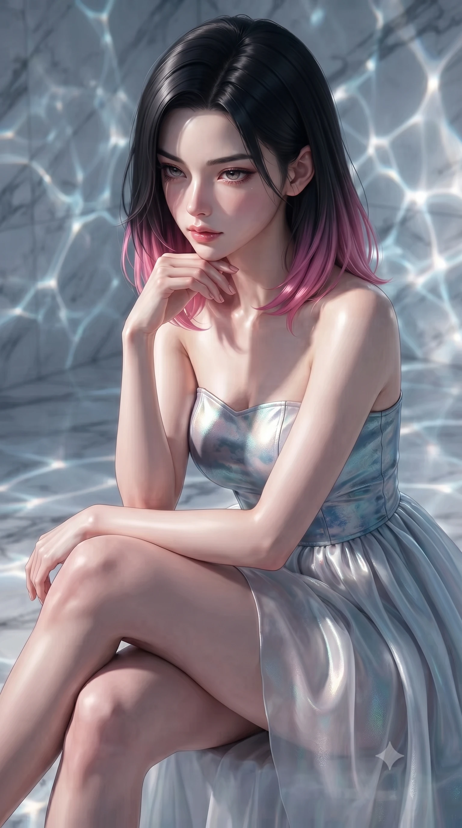 score_9, masterpiece, best quality, ultra-detailed, high-budget anime keyframe, editorial fashion photography, tasteful artistic composition, Korean woman. close-up cowboy shot from the waist and thighs up, the character dominates the composition, filling the frame with her large presence, background elements kept in soft focus. Resting her chin on the backs of her fingers, casting a sharp, mysterious gaze gliding over a mosaic marble floor illuminated by caustic water ripples, shimmering water reflections dancing dynamically across the marble walls. She has an exceptionally elegant, slender, and willowy female figure with an ultra-slim waist, a gracefully sculpted slender torso, and a refined silhouette. sharp v-shaped jawline, high-bridge nose, intricate jewel-like eyes with depth, thick eyelashes, glossy lips with a natural sheen. wearing a modern fusion silk hanbok dress with a structured bodice and flowing chiffon skirt, the elegant draped fit framing her graceful clavicle and slender torso. surrounded by a shimmering ocean aura with bright pearl-white rim lights. ultra-reflective glossy finish, specular highlights, metallic sheen, high-contrast stereoscopic depth, volumetric dynamic lighting, 2k, ultra detail, master piece, 9:16 ratio