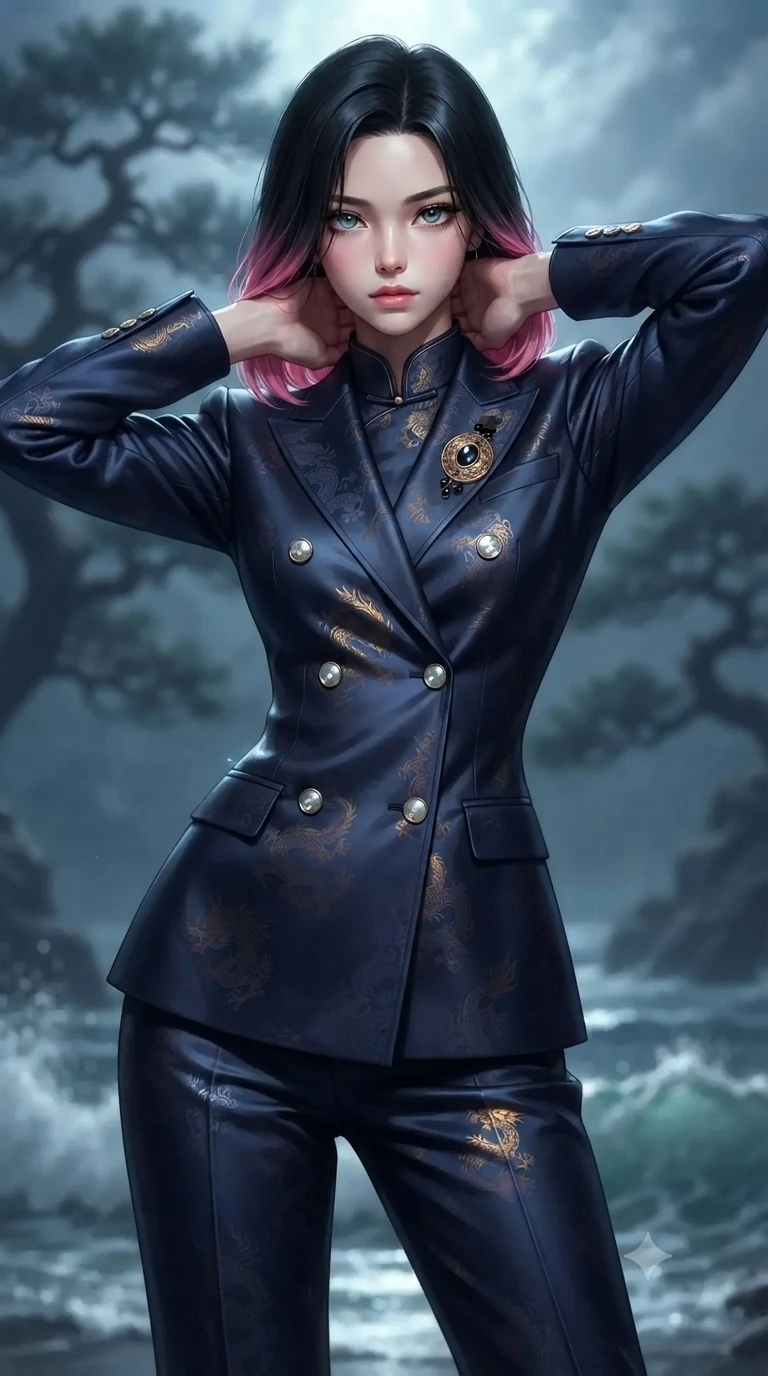 score_9, masterpiece, best quality, ultra-detailed, high-budget anime keyframe, editorial fashion photography, tasteful artistic composition, Korean woman. close-up cowboy shot from the waist and thighs up, the character dominates the composition, filling the frame with her large presence. resting both hands lightly behind her neck with elbows raised, arching her spine to highlight her narrow waist, flat midriff, and breathtaking collarbones while twisting her slender torso in an alluring contrapposto stance, dramatic moonlight and breaking wave spray tracing her flat midriff and hips. The background shows a soft-focus gnarled ancient pine silhouettes and rolling ocean waves below blurred into deep midnight navy, silver, and charcoal bokeh. She has an exceptionally elegant, slender, and willowy female figure with an ultra-slim waist, flat toned midriff, narrow ribcage, and sculpted feminine hips creating an alluring, slim hourglass silhouette without bulk. sharp v-shaped jawline, high-bridge nose, sparkling eyes with hypnotic seductive depth, thick curled eyelashes, glossy parted lips with a natural dewy peach sheen, alluring bedroom-eyes with an enchanting coquettish smile, exuding magnetic siren charisma and sophisticated glamour, flawlessly proportioned anatomical accuracy, strict slender model proportions, natural body alignment, perfectly sculpted long slender limbs, ultra-slim waistline, clean dynamic posture without body distortion. wearing a tailored double-breasted silk brocade pantsuit with mandarin collar and mother-of-pearl dragon crest buttons in midnight indigo and glowing lantern topaz, tailored from heavy double-faced silk faille with an exceptionally fluid drape, accented with an authentic engraved gold medallion and obsidian cabochons, the bespoke structured tailoring following the natural line of her 8.5-heads silhouette with refined elegance. illuminated by ocean surf seafoam bounce and sharp cyan-platinum rim lights sculpting her razor-sharp jawline, narrow waist, and curvy hips. ultra-reflective glossy finish, specular highlights, rich textural contrasts, high-contrast stereoscopic depth, volumetric dynamic lighting, 2k, ultra detail, master piece, 9:16 ratio