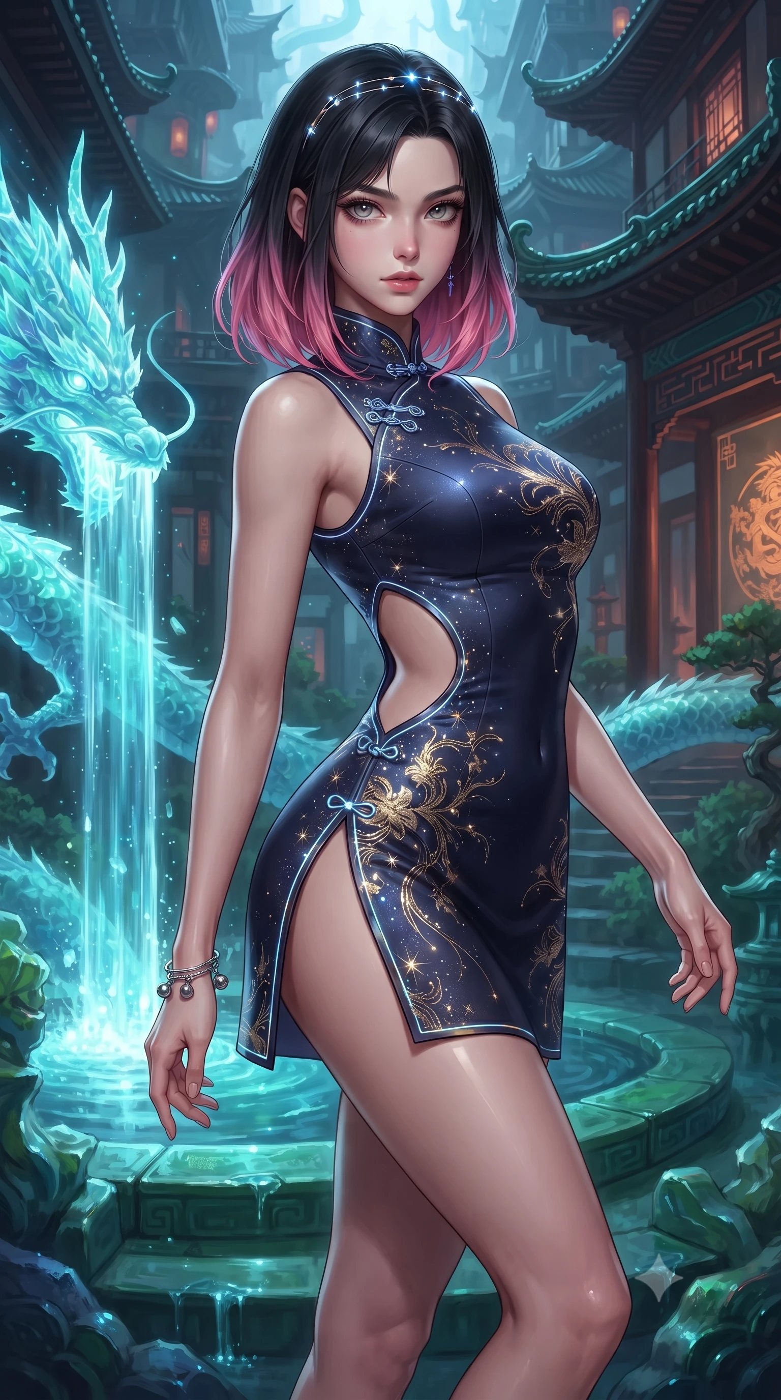 score_9, masterpiece, best quality, ultra-detailed, high-budget anime keyframe, editorial fashion photography, tasteful artistic composition, Korean woman. close-up cowboy shot from the waist and thighs up, the character dominates the composition, filling the frame with her large presence. radiating intense magnetic charisma with jewel-like eyes locked onto the viewer, her upper body turning in a dynamic, fluid S-curve while standing poised on a sculpted jade terrace beside a glowing crystalline dragon spring where bioluminescent water cascades. The surrounding environment is rendered in vivid detail and crisp panoramic clarity. vibrant high-contrast oriental sci-fi chiaroscuro and imperial dragon sanctuary aesthetics in precision. She has an exceptionally elegant, slender, and willowy female figure with an ultra-slim waist, a gracefully sculpted slender torso, toned flat midriff, and a refined slim silhouette. sharp v-shaped jawline, high-bridge nose, intricate jewel-like eyes with depth, thick eyelashes, glossy lips with a natural sheen, captivating and magnetic expression, flawlessly proportioned anatomical accuracy, strict slender model proportions, natural body alignment, perfectly sculpted long slender limbs, ultra-slim waistline, clean dynamic posture without body distortion. wearing a futuristic embroidered qipao mini dress with glowing fiber-optic seams and side cutouts in midnight indigo and glowing starlight gold, woven from fine mulberry silk with metallic thread embroidery, accented with dainty silver ankle bells and a glowing constellation circlet, the precision-cut daring openings accentuating her delicate midriff, graceful bare collarbones, and ultra-slim feminine waistline. illuminated by wet reflective highlights defining her sculpted neck, waistline, and slender legs. ultra-reflective glossy finish, specular highlights, rich textural contrasts, high-contrast stereoscopic depth, volumetric dynamic lighting, 2k, ultra detail, master piece, 9:16 ratio