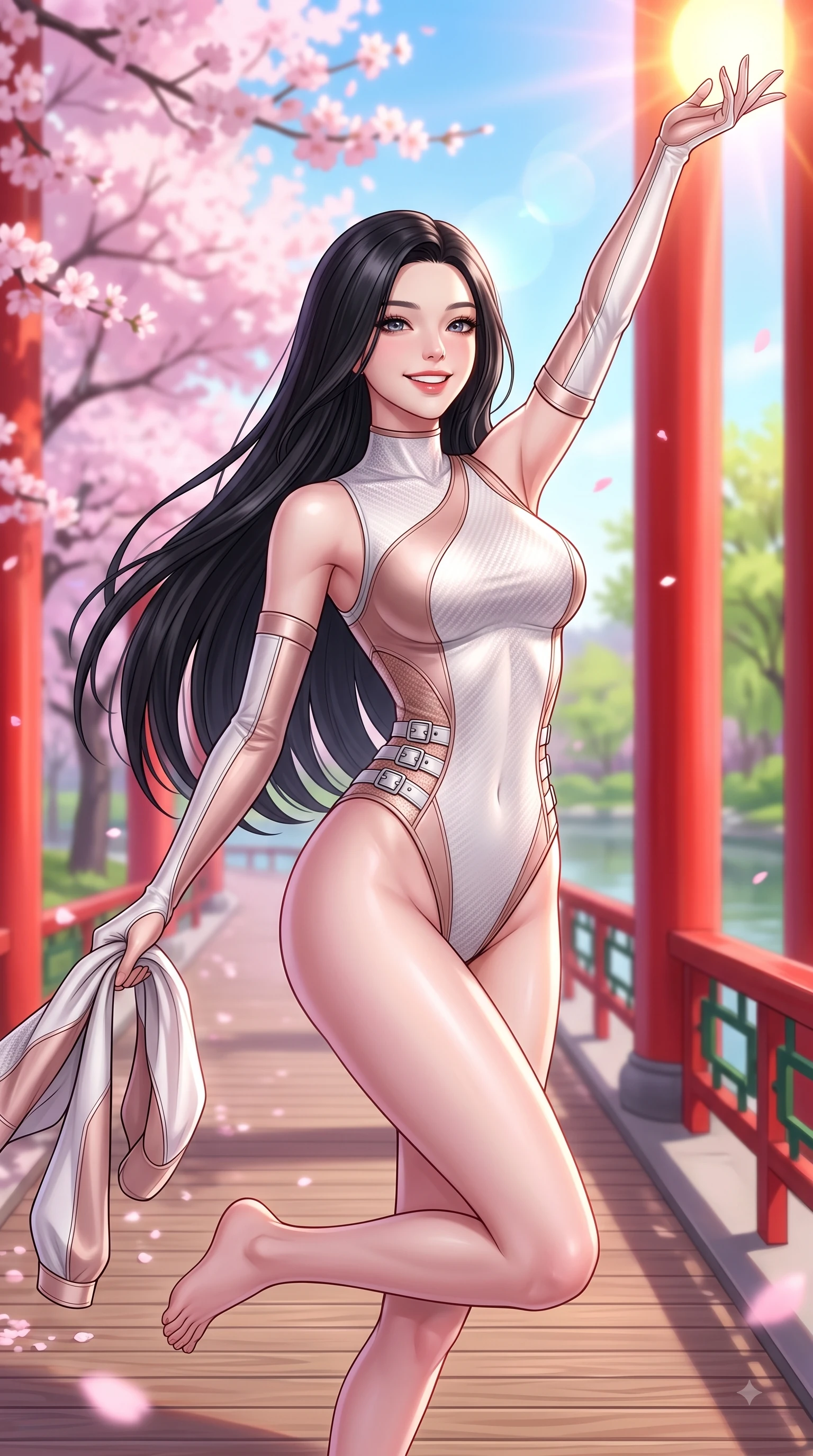 score_9, masterpiece, best quality, ultra-detailed, high-budget anime keyframe, editorial fashion photography, tasteful artistic composition, Korean woman. close-up cowboy shot from the waist and thighs up, the character dominates the composition, filling the frame with her large presence, background elements kept in soft focus. Extending one arm in an elegant stretch toward the sun while smiling with vibrant, magnetic self-assurance while leaping with a beaming happy smile along a wooden lakeside boardwalk lined with sakura trees, red vermilion pavilion columns contrasting vividly with green spring foliage. She has an exceptionally elegant, slender, and willowy female figure with an ultra-slim waist, a gracefully sculpted slender torso, and a refined silhouette. sharp v-shaped jawline, high-bridge nose, intricate jewel-like eyes with depth, thick eyelashes, glossy lips with a natural sheen, flawlessly proportioned anatomical accuracy, natural body alignment, perfectly sculpted elegant limbs, clean dynamic posture without body distortion. wearing an asymmetrical high-cut tech-bodysuit with detached sleeves in pearl white and rose gold, made of fine carbon-fiber weave and soft matte leather, detailed with polished silver buckles along the waistline, the glove-like fit emphasizing her statuesque silhouette during motion. illuminated by soft glowing pink ambient light and clear sky refractions. highly saturated vibrant anime colors, detailed shading with soft gradients, rich glossy textures, high-contrast stereoscopic depth, volumetric dynamic lighting, master piece, 9:16 ratio