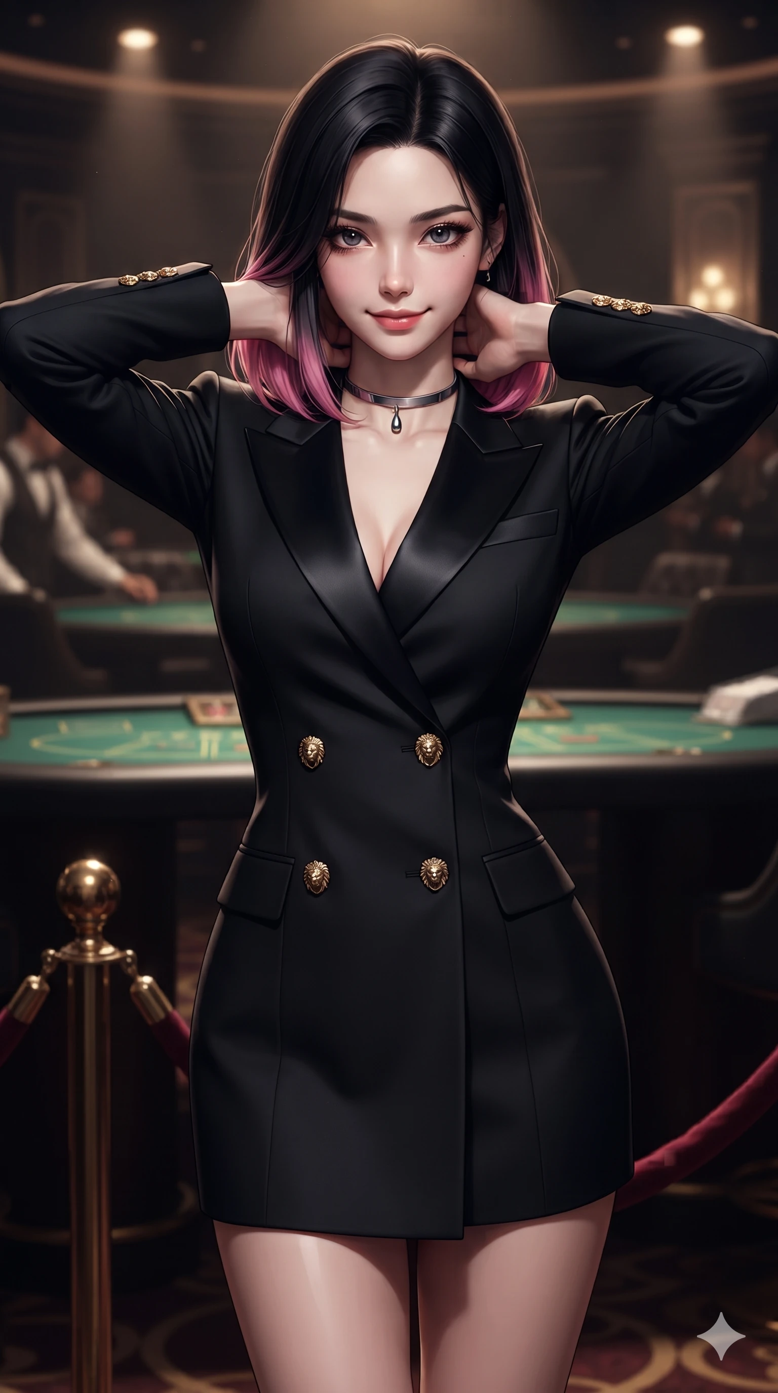 score_9, masterpiece, best quality, ultra-detailed, high-budget anime keyframe, editorial fashion photography, tasteful artistic composition, Korean woman. close-up cowboy shot from the waist and thighs up, the character dominates the composition, filling the frame with her large presence. resting both hands lightly behind her neck with elbows raised, arching her spine to highlight her narrow waist, flat midriff, and breathtaking collarbones while standing tall beside the velvet-rope VIP salon entrance, arching her spine with sovereign high-society grace as she casts a sultry gaze. The background shows a soft-focus ultra-exclusive VIP casino salon softened in luxury gaming shallow focus. She has an exceptionally elegant, slender, and willowy female figure with an ultra-slim waist, flat toned midriff, narrow ribcage, and sculpted feminine hips creating an alluring, slim hourglass silhouette without bulk. sharp v-shaped jawline, high-bridge nose, intricate jewel-like dark sparkling eyes with dangerous depth, thick curled eyelashes, glossy parted lips with a rich wine sheen, smoldering seductive half-smile with bedroom-eyes, exuding effortless superiority and intoxicating dark allure, flawlessly proportioned anatomical accuracy, strict slender model proportions, natural body alignment, perfectly sculpted long slender limbs, ultra-slim waistline, clean dynamic posture without body distortion. wearing a tailored double-breasted midnight tuxedo jacket dress with satin peak lapels and golden lion-head buttons in pure obsidian monochrome with subtle metallic sheen, woven from bespoke high-density barathea wool with refined ceremonial hold, finished with a minimalist chrome choker and a single teardrop pendant, the bespoke structured tailoring following the natural line of her 8.5-heads silhouette with refined elegance. bathed in warm, focused pin-spot lighting over the green gaming tables contrasted with intimate ambient shadows. ultra-reflective glossy finish, specular highlights, rich textural contrasts, high-contrast stereoscopic depth, volumetric dynamic lighting, 2k, ultra detail, master piece, 9:16 ratio