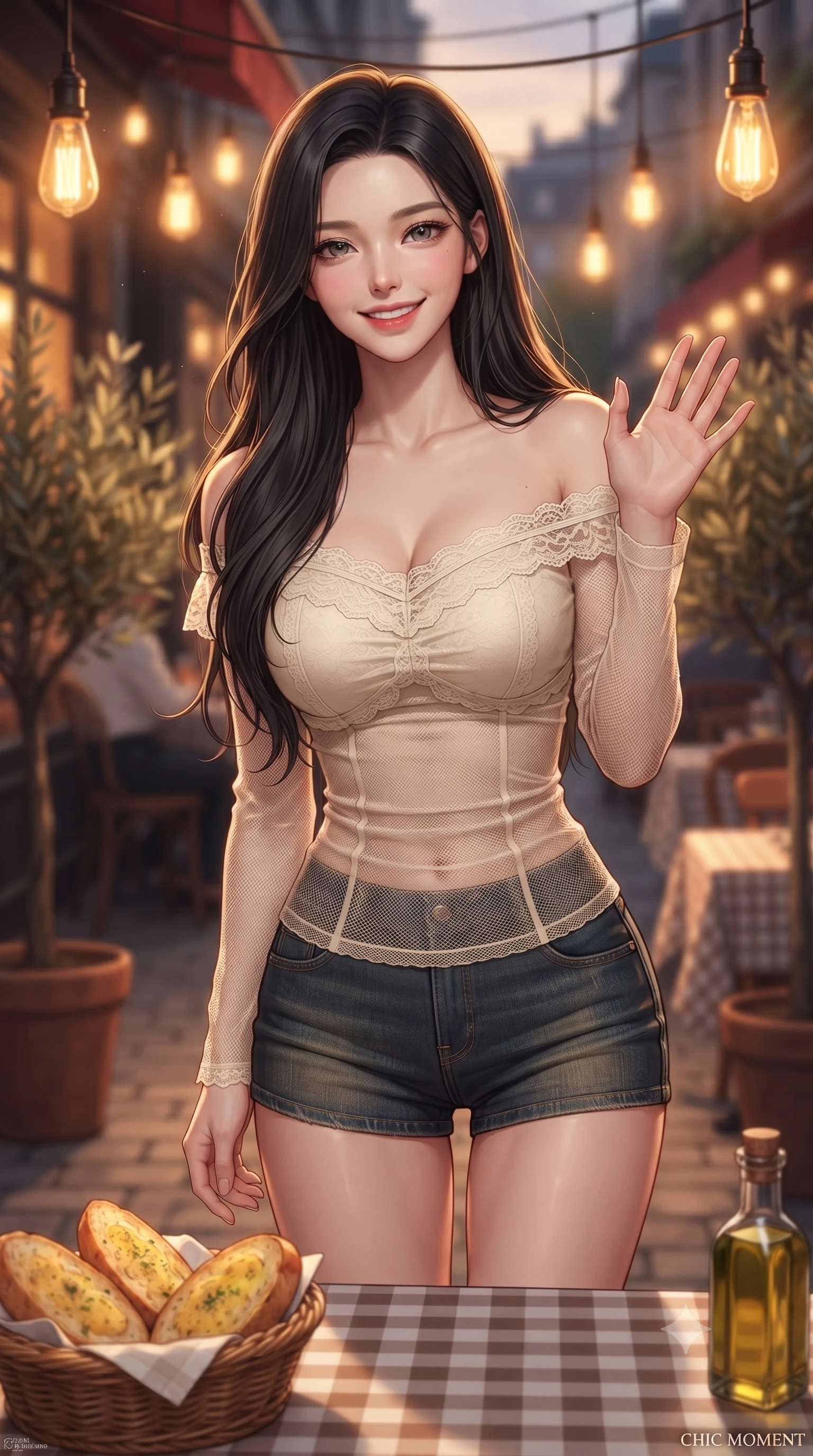 score_9, masterpiece, best quality, ultra-detailed, high-budget anime keyframe, editorial fashion photography, tasteful artistic composition, Korean woman. close-up cowboy shot from the waist and thighs up, the character dominates the composition, filling the frame with her large presence, background elements kept in soft focus. flashing a sweet, beaming smile while waving one hand gently toward the camera set against a soft-focus background of on a lively street-side bistro terrace next to potted olive trees with a basket of warm garlic bread and olive oil on the checkered tablecloth. She has an exceptionally elegant, slender, and willowy female figure with an ultra-slim waist, a gracefully sculpted slender torso, and a refined silhouette. sharp v-shaped jawline, high-bridge nose, intricate jewel-like eyes with depth, thick eyelashes, glossy lips with a natural sheen. wearing slim-fit delicate lace-trim off-shoulder blouse paired with a sheer mesh overlay and form-contouring mini shorts. warm golden lighting from hanging lightbulbs creating a cozy dinner mood. ultra-reflective glossy finish, specular highlights, metallic sheen, high-contrast stereoscopic depth, volumetric dynamic lighting, 2k, ultra detail, master piece, 9:16 ratio