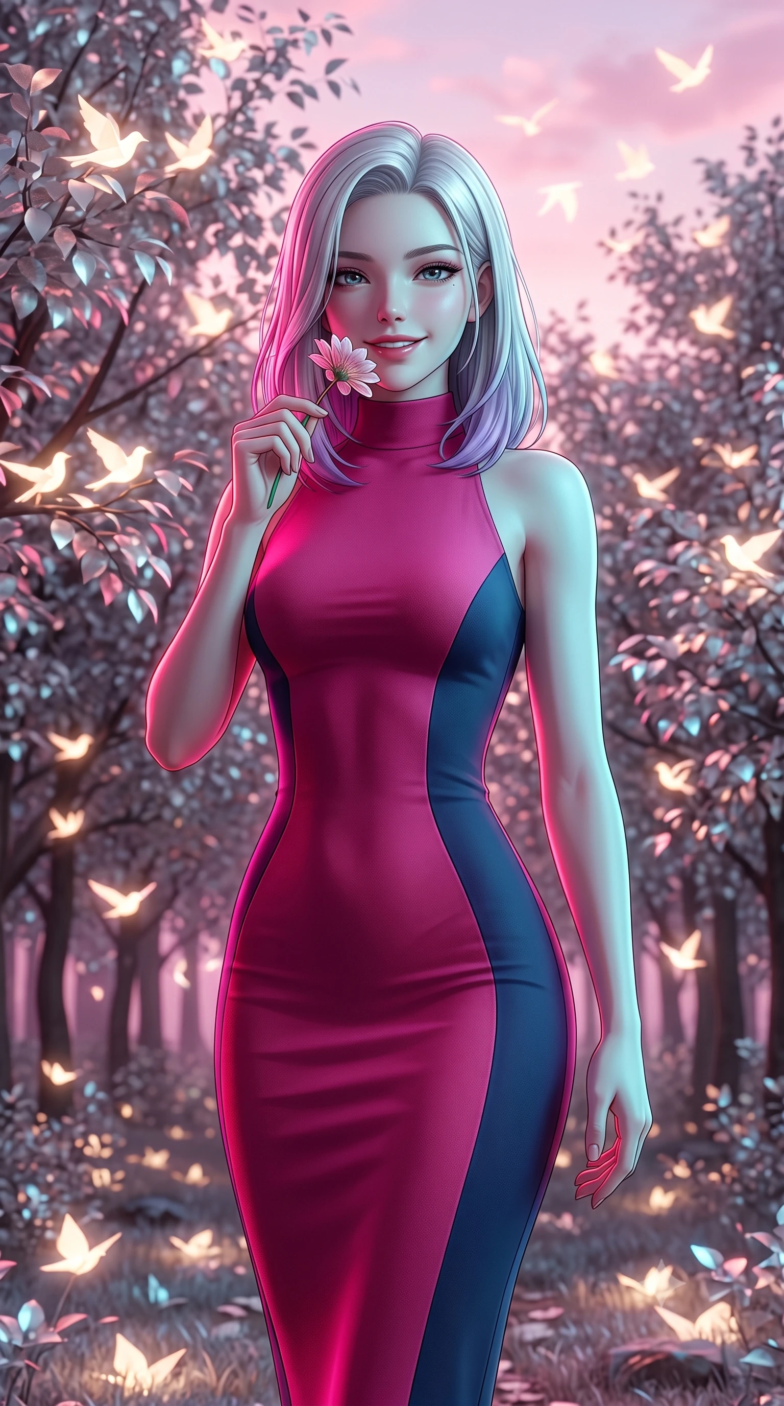 score_9, masterpiece, best quality, ultra-detailed, high-budget anime keyframe, editorial fashion photography, tasteful artistic composition, Caucasian woman, strictly human ears. close-up cowboy shot from the waist and thighs up, the character dominates the composition, filling the frame with her large presence, background elements kept in soft focus. Holding a delicate flower near her cheek, smiling with dreamy happiness. set against a soft-focus background of in a forest clearing filled with silver-leaf trees where thousands of glowing paper birds nest and take flight into a pink evening sky. She has an exceptionally elegant, slender, and willowy female figure with a highly-defined ultra-slim waist, a gracefully sculpted slender torso, and a refined slim-fit silhouette that contours her form. sharp v-shaped jawline, high-bridge nose, intricate jewel-like eyes with depth, thick eyelashes, glossy lips with a natural sheen. wearing a high-neck bodycon midi dress in a dual-tone of fuchsia and navy, sculpting her slender dancer frame with elegant lines. dual-tone lighting with hot magenta from the left and cool cyan from the right. 2k, ultra detail, master piece, 9:16 ratio