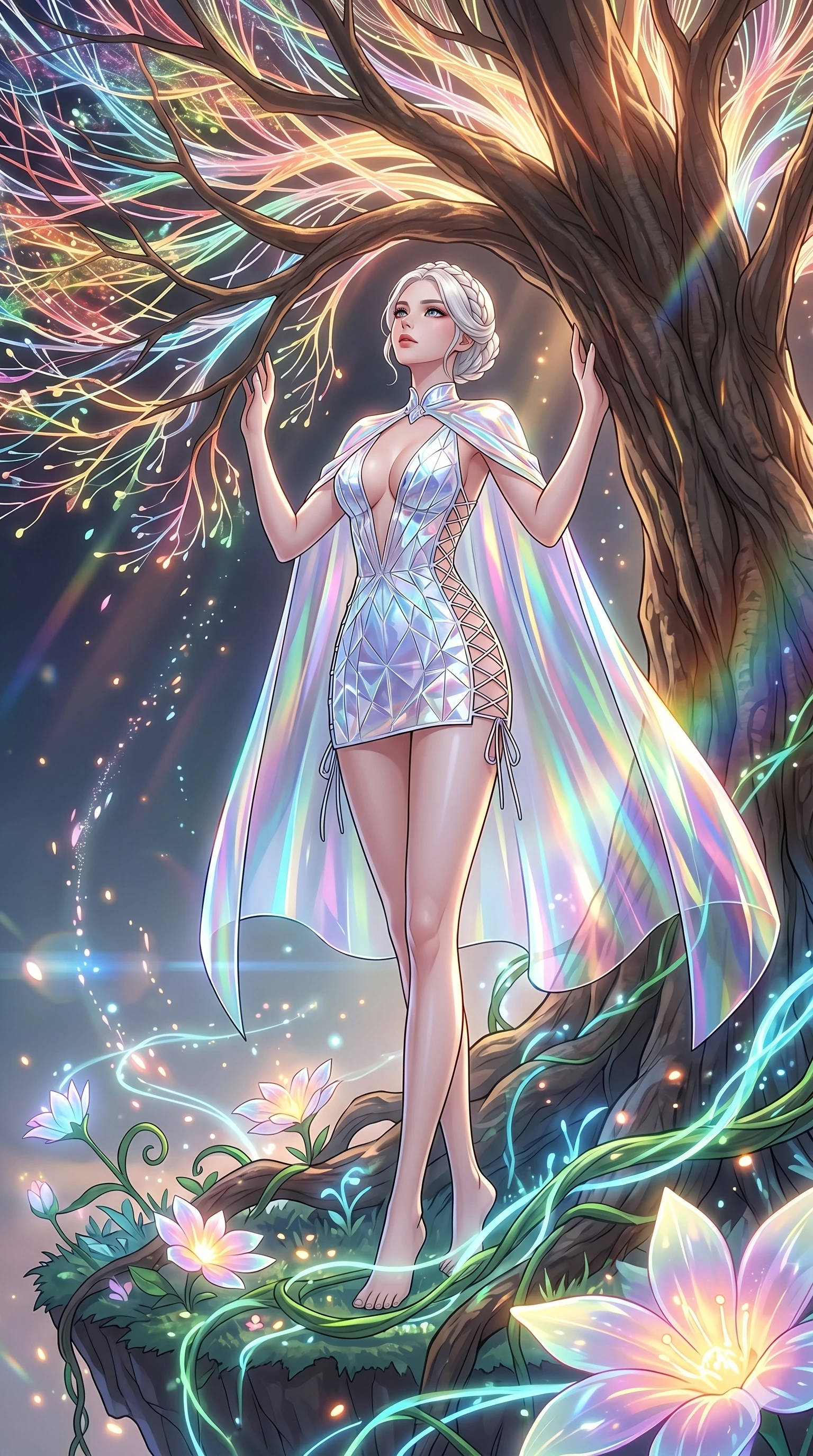 score_9, masterpiece, best quality, ultra-detailed, High-budget Anime Keyframe, vibrant colors, fluid line-art, expressive lighting, cinematic composition, Ufotable-style visual effects, top-tier animation quality, Korean woman with idol-like refined features. Low angle cowboy shot filling the entire 9:16 frame with her statuesque presence, looking up to emphasize her height. Communing with a ancient tree whose leaves are made of translucent fiber-optics. She has an absolutely perfect 8-heads proportion, an exceptionally tall and slender female figure with impossibly long slender legs and an ultra-slim waist, her statuesque height and towering silhouette dominating the vertical 9:16 frame. Her face is a masterpiece featuring a sharp v-shaped jawline, high-bridge nose, intricate jewel-like eyes with depth, thick eyelashes, and glossy lips with a natural sheen. She is wearing a Crystalline structure mini-dress with an iridescent vinyl cape, dangerous plunging neckline, and lace-up side panels.. The scene is set in a floating island covered in giant glowing flowers and vines of pure energy. 2k, ultra detail, master piece, 9:16 ratio