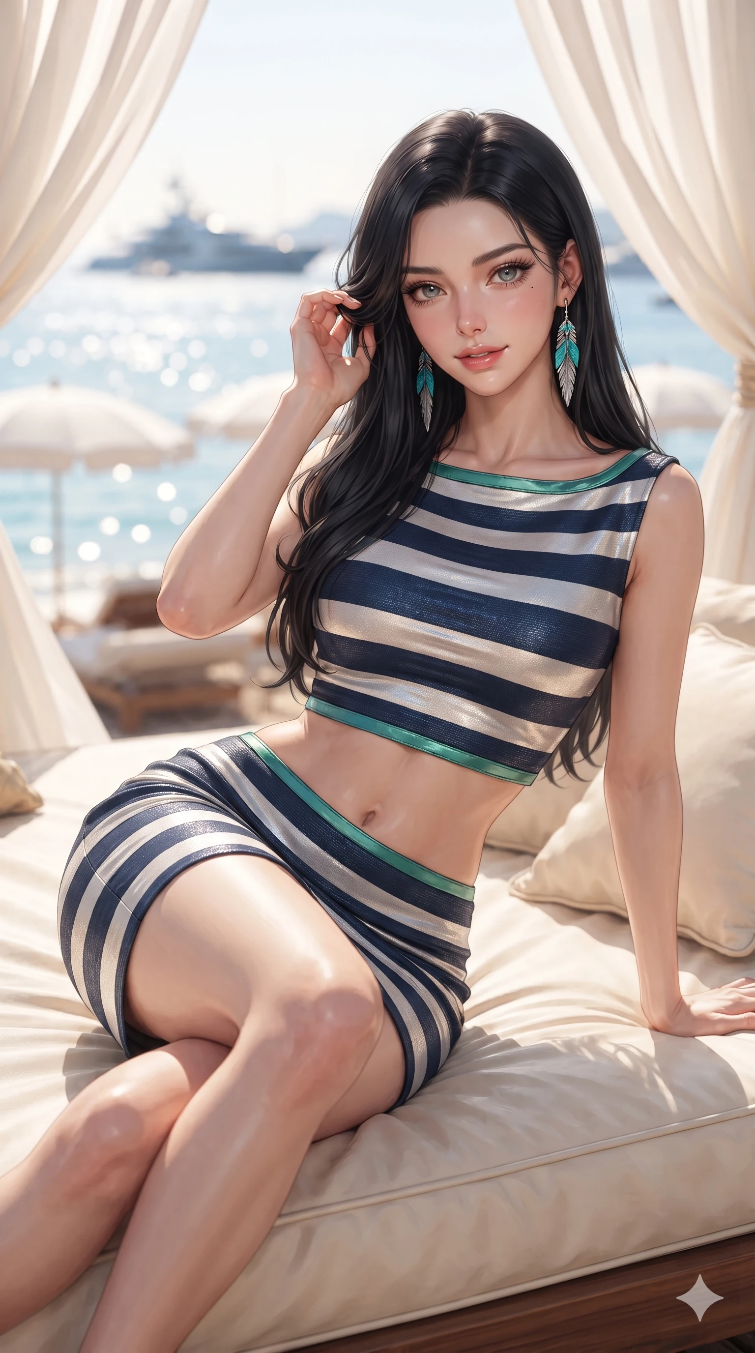 score_9, masterpiece, best quality, ultra-detailed, high-budget anime keyframe, editorial fashion photography, tasteful artistic composition, Korean woman. close-up cowboy shot from the waist and thighs up, the character dominates the composition, filling the frame with her large presence. gently brushing a lock of salt-kissed hair behind her ear while casting a playful, flirtatious side-gaze with long eyelashes while lounging on the lavish daybed with legs crossed and hips angled toward the camera, displaying her toned midriff and long slender limbs with effortless siren poise. The background shows a soft-focus the sparkling sapphire bay of Pampelonne, distant mega-yachts, and white parasols blurred into azure, champagne, and gold bokeh. She has an exceptionally elegant, slender, and willowy female figure with an ultra-slim waist, flat toned midriff, narrow ribcage, and sculpted feminine hips creating an alluring, slim hourglass silhouette without bulk. sharp v-shaped jawline, high-bridge nose, sparkling eyes with hypnotic seductive depth, thick curled eyelashes, glossy parted lips with a natural dewy peach sheen, alluring bedroom-eyes with an enchanting coquettish smile, exuding magnetic siren charisma and sophisticated glamour, flawlessly proportioned anatomical accuracy, strict slender model proportions, natural body alignment, perfectly sculpted long slender limbs, ultra-slim waistline, clean dynamic posture without body distortion. wearing an aristocratic navy-and-white striped boat-neck shift dress with elegant bracelet sleeves in emerald sea green and polished titanium, crafted from luxurious metallic lamé that shifts radiance with every step, accented with turquoise and silver bohemian feather earrings swaying near her bare neck, the bespoke structured tailoring following the natural line of her 8.5-heads silhouette with refined elegance. bathed in the warm, diffused 3000K coastal sunbeams filtering through billowing white linen drapes with soft luminous fill. ultra-reflective glossy finish, specular highlights, rich textural contrasts, high-contrast stereoscopic depth, volumetric dynamic lighting, 2k, ultra detail, master piece, 9:16 ratio