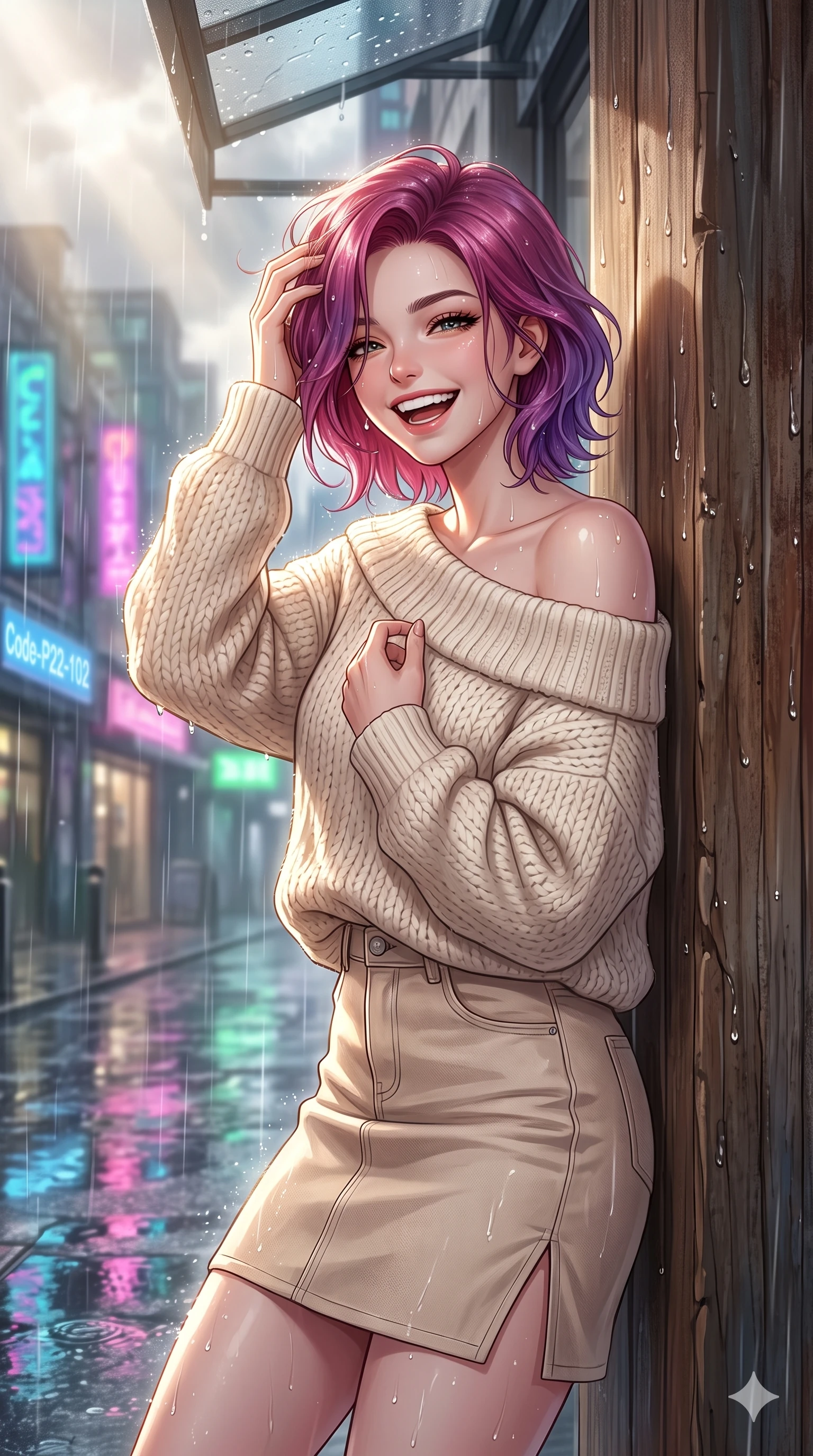score_9, masterpiece, best quality, ultra-detailed, high-budget anime keyframe, vibrant anime aesthetic, Caucasian woman, strictly human ears. close-up cowboy shot from the waist and thighs up, the character dominates the composition, filling the frame with her large presence, background elements kept in soft focus. She is laughing happily while running her fingers through her hair in the rain, with her eyes bright and full of life leaning against a rustic wooden column. the background shows a soft-focus entrance of a high-fashion boutique with a glass awning, overlooking rain-slicked city streets reflecting neon signs (Code-P22-102). She has an absolutely perfect proportion, an exceptionally elegant and slender female figure with an ultra-slim waist. V-shaped jawline, high-bridge nose, intricate jewel-like eyes with depth, thick eyelashes, glossy lips with a natural sheen. wearing an off-shoulder oversized sweater paired with a refined side vent denim skirt in soft beige. She is bathed in volumetric morning sunbeams piercing through rain clouds, accentuating her slender silhouette during the twilight rain. 2k, ultra detail, master piece, 9:16 ratio