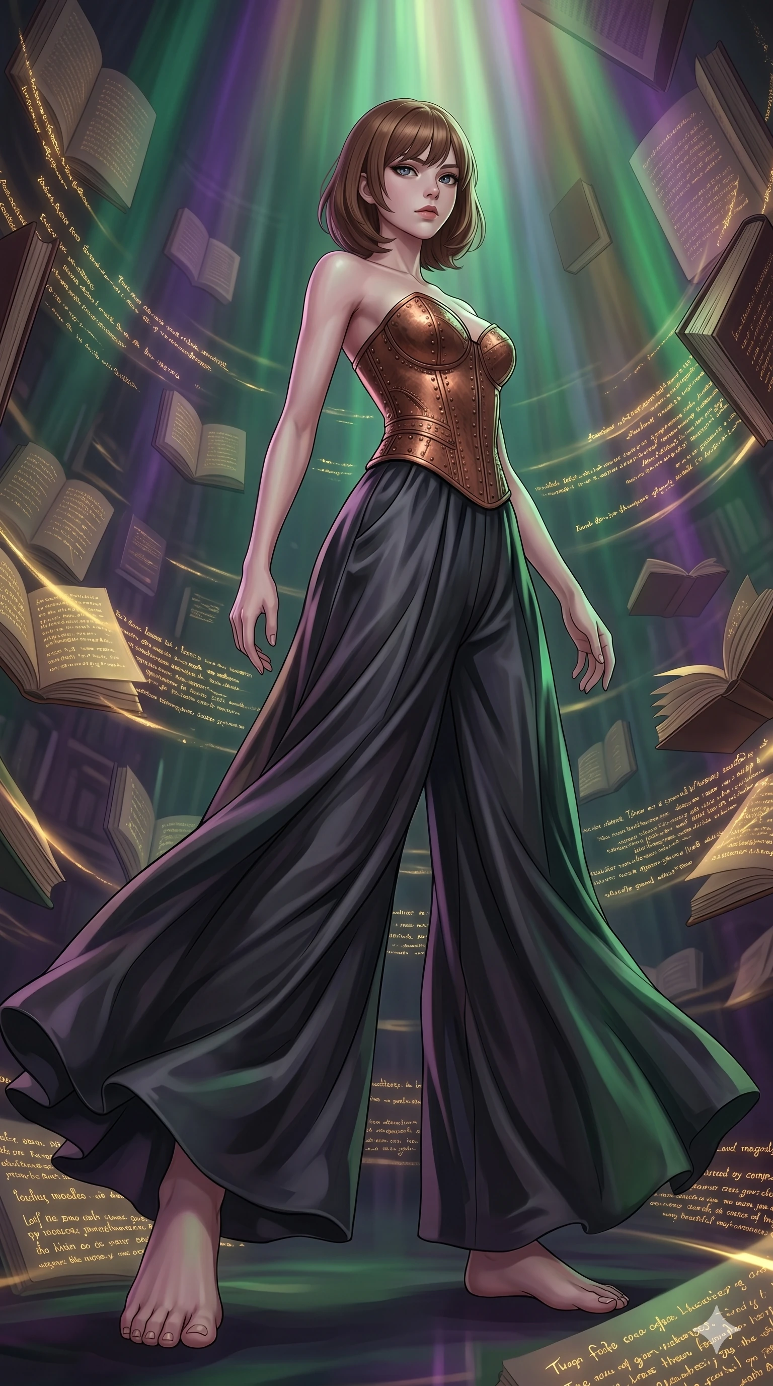 score_9, masterpiece, best quality, ultra-detailed, high-budget anime keyframe, editorial fashion photography, tasteful artistic composition, Caucasian woman, strictly human ears. low angle full-body shot from head to toe showing her feet, filling the entire 9:16 vertical frame with her statuesque presence, stretching her vertical silhouette. Executing a dynamic turning step with one leg extended behind within a chamber of floating books whose pages are written in glowing golden ink. She has an absolutely perfect 8-heads proportion, an exceptionally tall and slender female figure with impossibly long slender legs and an ultra-slim waist. V-shaped jawline, high-bridge nose, intricate jewel-like eyes with depth, thick eyelashes, glossy lips with a natural sheen. wearing a structured bustier in hammered copper-plate fabric, paired with flowing wide-leg palazzo trousers in charcoal silk satin. illuminated by a shifting aurora palette of green, violet, and gold from above, wrapping her in color. 2k, ultra detail, master piece, 9:16 ratio