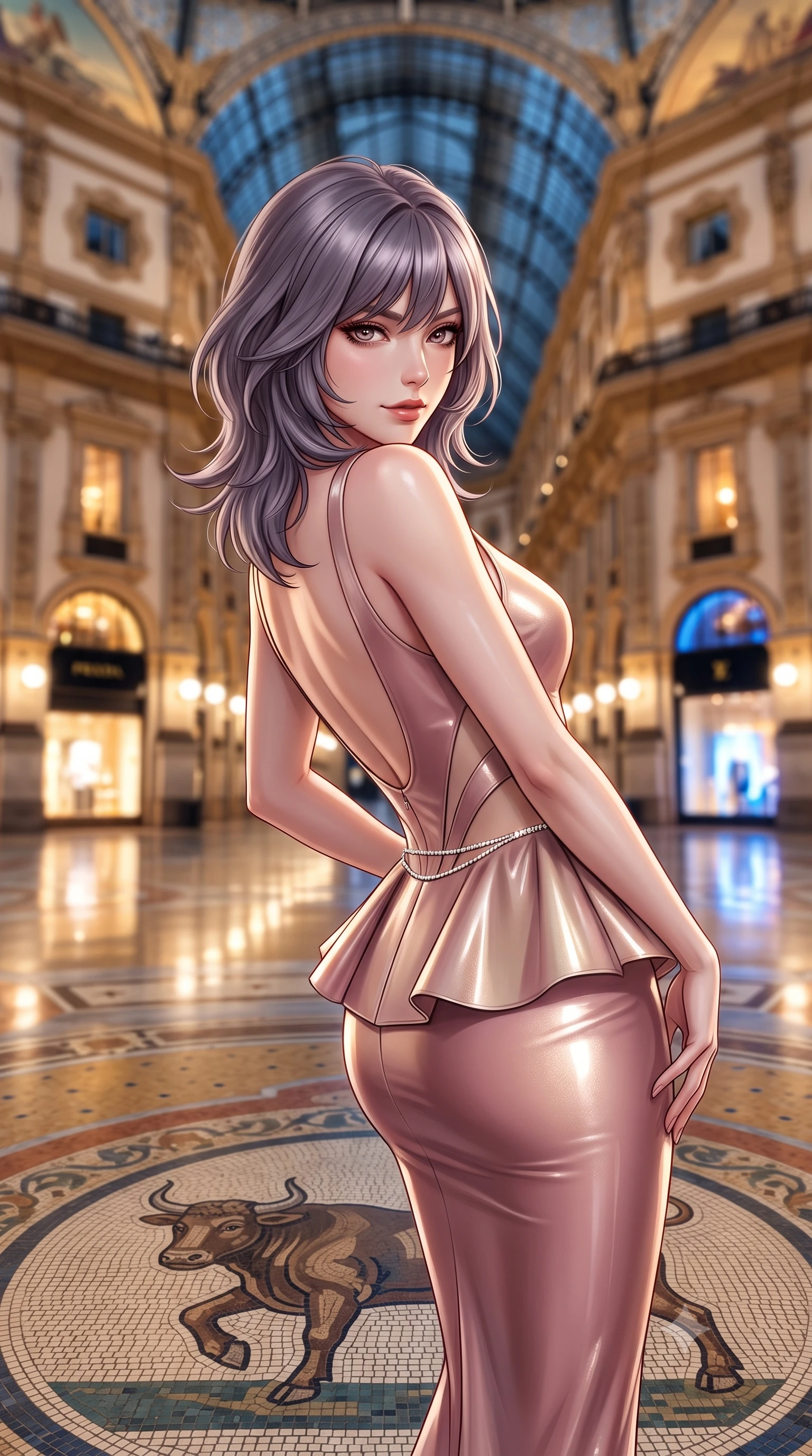 score_9, masterpiece, best quality, ultra-detailed, high-budget anime keyframe, semi-realistic 3D game render, editorial fashion photography, tasteful artistic composition, Japanese woman. close-up cowboy shot from the waist and thighs up, the character dominates the composition, filling the frame with her large presence. leaning back with relaxed seductive grace, her sculpted collarbones and narrow waist highlighted as she casts smoldering bedroom-eyes directly into the camera while pausing at the center of the famous mosaic bull floor with hips cocked back, glancing over a bare shoulder with an audacious, haute-couture smile. The composition keeps background elements in soft focus with creamy bokeh. monumental iron-and-glass vaulted ceiling and illuminated luxury boutique windows blurred into warm champagne, sapphire, and gold bokeh. She has an exceptionally elegant, slender, and willowy female figure with an ultra-slim waist, flat toned midriff, narrow ribcage, and sculpted feminine hips creating an alluring, slim hourglass silhouette without bulk. sharp v-shaped jawline, high-bridge nose, intricate jewel-like eyes with depth, thick eyelashes, glossy parted lips with a natural sheen, intensely captivating and seductive bedroom-eyes expression, flawlessly proportioned anatomical accuracy, strict slender model proportions, natural body alignment, perfectly sculpted long slender limbs, ultra-slim waistline, clean dynamic posture without body distortion. wearing a structural geometric peplum gown with sheer side-ribbon cutouts and form-fitting skirt in dusky blush rose and champagne shimmer, tailored from second-skin aerodynamic stretch vinyl with specular wet sheen, accented with a dainty diamond waist chain catching the ambient light reflections, the precision-cut side openings and low-back scoop framing her graceful spine and the sensual sweep of her slim, toned hips. illuminated by polished marble floor specular bounce sharply defining her sculpted collarbones, ultra-slim waist, and curvy hips. highly saturated vibrant anime colors, detailed shading with soft gradients, rich glossy textures, high-contrast stereoscopic depth, volumetric dynamic lighting, master piece, 9:16 ratio