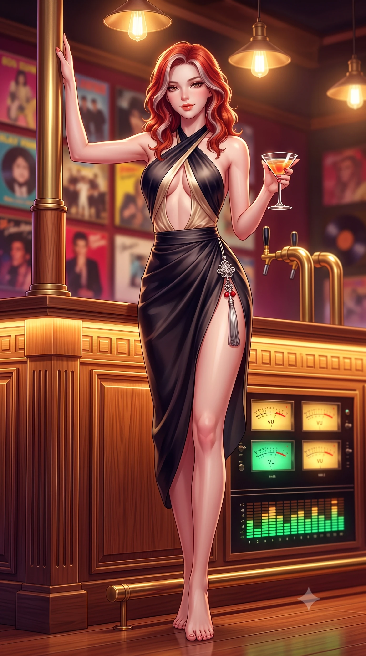 score_9, masterpiece, best quality, ultra-detailed, high-budget anime keyframe, semi-realistic 3D game render, editorial fashion photography, tasteful artistic composition, Caucasian woman. low angle full-body shot from head to toe showing her feet, filling the entire 9:16 vertical frame with her statuesque presence, stretching her vertical silhouette. standing tall beside the architectural column, one hand resting high while arching her lower back to emphasize her sculpted feminine hips and slender waist while leaning against the illuminated wooden bar counter with hips cocked back, holding a cocktail glass while casting a smoldering half-smile. The background shows a soft-focus walls of colorful 80s vinyl album covers, brass bar taps, and glowing analog stereo equalizer displays blurred into ruby, brass, and smoky amber bokeh. She has an absolutely perfect, statuesque 8.5-heads proportion, an exceptionally tall and slender model-like female figure with impossibly long slender legs, an ultra-slim waist, a flat toned midriff, narrow delicate ribcage, and beautifully sculpted feminine hips creating a graceful, slim hourglass silhouette without any bulky heaviness. sharp v-shaped jawline, high-bridge nose, sparkling eyes with hypnotic seductive depth, thick curled eyelashes, glossy parted lips with a natural dewy peach sheen, alluring bedroom-eyes with an enchanting coquettish smile, exuding magnetic siren charisma and sophisticated glamour, flawlessly proportioned anatomical accuracy, strict slender model proportions, natural body alignment, perfectly sculpted long slender limbs, ultra-slim waistline, clean dynamic posture without body distortion. wearing a high-waisted silk wrap sarong skirt with a hip-high slit paired with a plunging criss-cross satin halter top in midnight obsidian black and shimmering liquid champagne gold, made of sheer gossamer chiffon that drapes softly against skin with airy translucence, accented with an intricate silver norigae tassel swaying gracefully along her curving hip line, the high-slit wrap tailoring accentuating her ultra-slim waistline and the enchanting curve of her feminine hips with alluring seductive charm. bathed in warm incandescent pendant lighting and glowing green-and-amber stereo VU meter backlights. highly saturated vibrant anime colors, detailed shading with soft gradients, rich glossy textures, high-contrast stereoscopic depth, volumetric dynamic lighting, master piece, 9:16 ratio