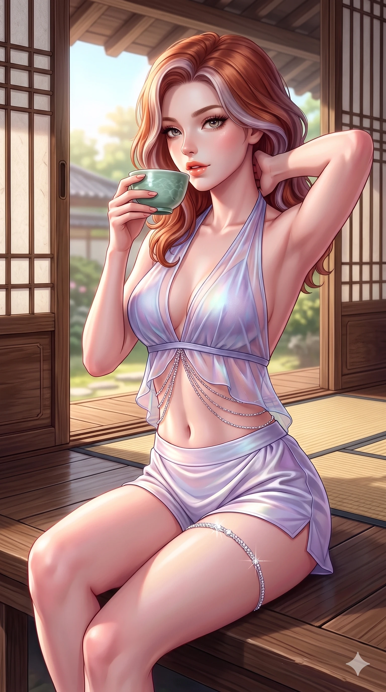 score_9, masterpiece, best quality, ultra-detailed, high-budget anime keyframe, semi-realistic 3D game render, editorial fashion photography, tasteful artistic composition, Caucasian woman. close-up cowboy shot from the waist and thighs up, the character dominates the composition, filling the frame with her large presence. resting both hands lightly behind her neck with elbows raised, arching her spine to highlight her narrow waist, flat midriff, and breathtaking collarbones while sitting gracefully on the polished veranda floor with one knee drawn up, holding a celadon teacup with parted glossy lips. The surrounding environment is rendered in vivid detail and crisp panoramic clarity: sharp mulberry paper texture on sliding doors, woven rush mat seams, and celadon ceramic glaze in deep focus. She has an exceptionally elegant, slender, and willowy female figure with an ultra-slim waist, flat toned midriff, narrow ribcage, and sculpted feminine hips creating an alluring, slim hourglass silhouette without bulk. sharp v-shaped jawline, high-bridge nose, sparkling eyes with hypnotic seductive depth, thick curled eyelashes, glossy parted lips with a natural dewy peach sheen, alluring bedroom-eyes with an enchanting coquettish smile, exuding magnetic siren charisma and sophisticated glamour, flawlessly proportioned anatomical accuracy, strict slender model proportions, natural body alignment, perfectly sculpted long slender limbs, ultra-slim waistline, clean dynamic posture without body distortion. wearing a plunge-front sheer organza halter top with fluttering norigae waist chains paired with high-cut silk briefs in iridescent mother-of-pearl and misty lavender, tailored from heavy double-faced silk faille with an exceptionally fluid drape, accented with a delicate crystal-encrusted thigh garter strap glinting under the lights, the liquid-tight tailored fabric clinging flawlessly to her narrow waist and rounded feminine hips, emphasizing every millimeter of her sculpted slim hourglass curves without any bulky heaviness. illuminated by polished floor bounce and sharp rose-gold rim lights defining her razor-sharp jawline, narrow waist, and curvy hips. highly saturated vibrant anime colors, detailed shading with soft gradients, rich glossy textures, high-contrast stereoscopic depth, volumetric dynamic lighting, master piece, 9:16 ratio