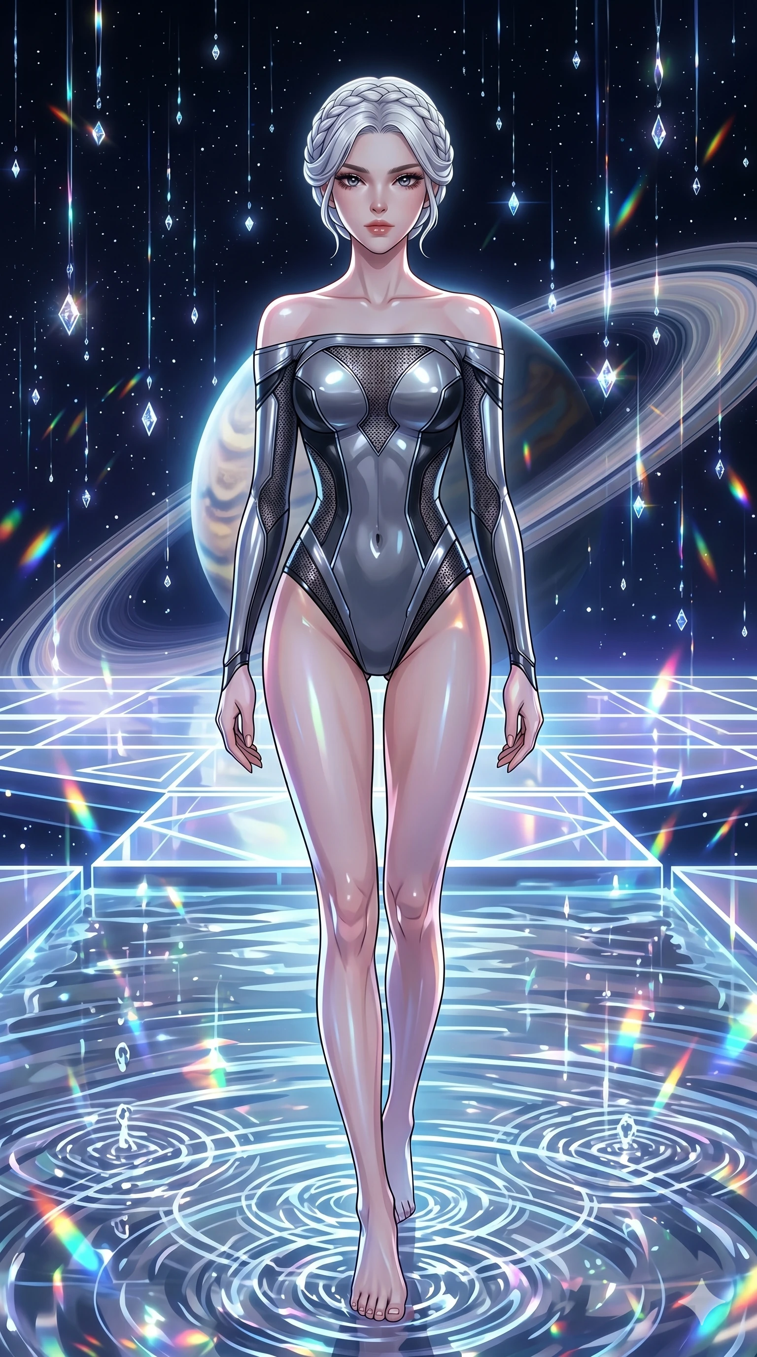 score_9, masterpiece, best quality, ultra-detailed, High-budget Anime Keyframe, vibrant colors, fluid line-art, expressive lighting, cinematic composition, Ufotable-style visual effects, top-tier animation quality, Korean woman with idol-like refined features. Medium shot from the thighs up, her commanding presence occupying two-thirds of the frame. Walking upon a surface of vibrating fluid that reacts to her every step with geometric ripples. She has an absolutely perfect 8-heads proportion, an exceptionally tall and slender female figure with impossibly long slender legs and an ultra-slim waist, her statuesque height and towering silhouette dominating the vertical 9:16 frame. Her face is a masterpiece featuring a sharp v-shaped jawline, high-bridge nose, intricate jewel-like eyes with depth, thick eyelashes, and glossy lips with a natural sheen. She is wearing a Off-shoulder tech-suit made of high-gloss synthetic fibers, featuring strategic micro-mesh panels. The scene is set in a celestial terrace overlooking a planet where it rains liquid diamonds. 2k, ultra detail, master piece, 9:16 ratio