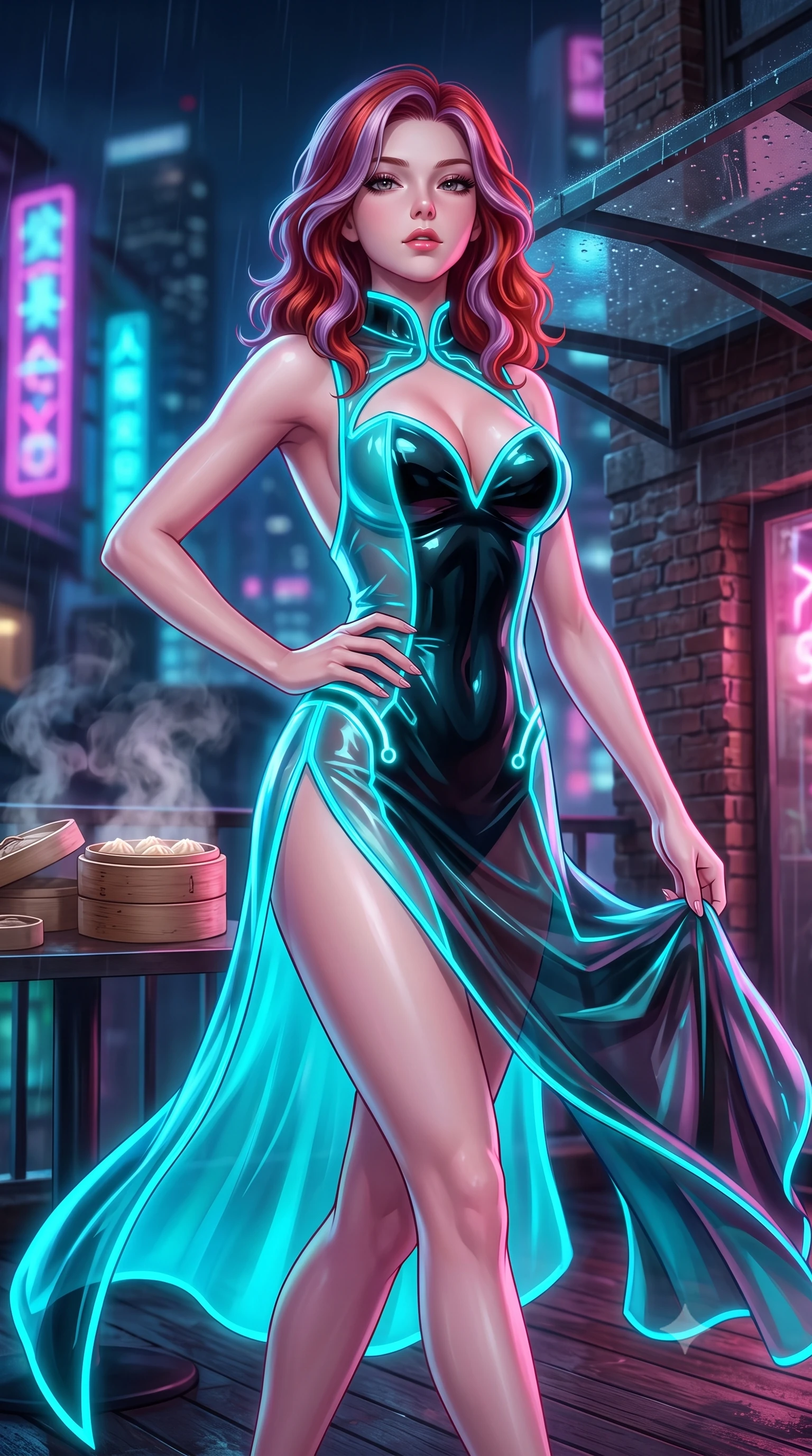 score_9, masterpiece, best quality, ultra-detailed, high-budget anime keyframe, semi-realistic 3D game render, editorial fashion photography, tasteful artistic composition, Caucasian woman. close-up cowboy shot from the waist and thighs up, the character dominates the composition, filling the frame with her large presence. tilting her chin up with proud, sovereign allure while gazing through thick eyelashes, one hand resting on her waist in pure supermodel charisma while striding across the neon-drenched rooftop deck as steam curls from dim sum bamboo steamers, her high-slit dress fluttering to reveal her long slender legs. The composition keeps background elements in soft focus with creamy bokeh. rain-streaked glass awnings and weathered brick penthouse facades softened in moody cinematic focus. She has an exceptionally elegant, slender, and willowy female figure with an ultra-slim waist, a gracefully sculpted slender torso, toned flat midriff, and rounded feminine hips creating an alluring hourglass silhouette. sharp v-shaped jawline, high-bridge nose, intricate jewel-like eyes with depth, thick eyelashes, glossy parted lips with a natural sheen, intensely captivating and seductive bedroom-eyes expression, flawlessly proportioned anatomical accuracy, strict slender model proportions, natural body alignment, perfectly sculpted long slender limbs, ultra-slim waistline, clean dynamic posture without body distortion. wearing a plunging sweetheart neckline cheongsam dress with an open scooped back and high side slit in neon electric cyan and lacquer black, made of semi-translucent cybernetic vinyl with glowing micro-filaments, accented with glowing cyan LED circuit lines tracing her hip bones and collarbones, the glove-like aerodynamic silhouette tightly following the natural contour of her hips and long slender legs with statuesque precision. surrounded by an enigmatic, sultry, and breathtakingly hypnotic cyber-femme fatale aura. highly saturated vibrant anime colors, detailed shading with soft gradients, rich glossy textures, high-contrast stereoscopic depth, volumetric dynamic lighting, master piece, 9:16 ratio