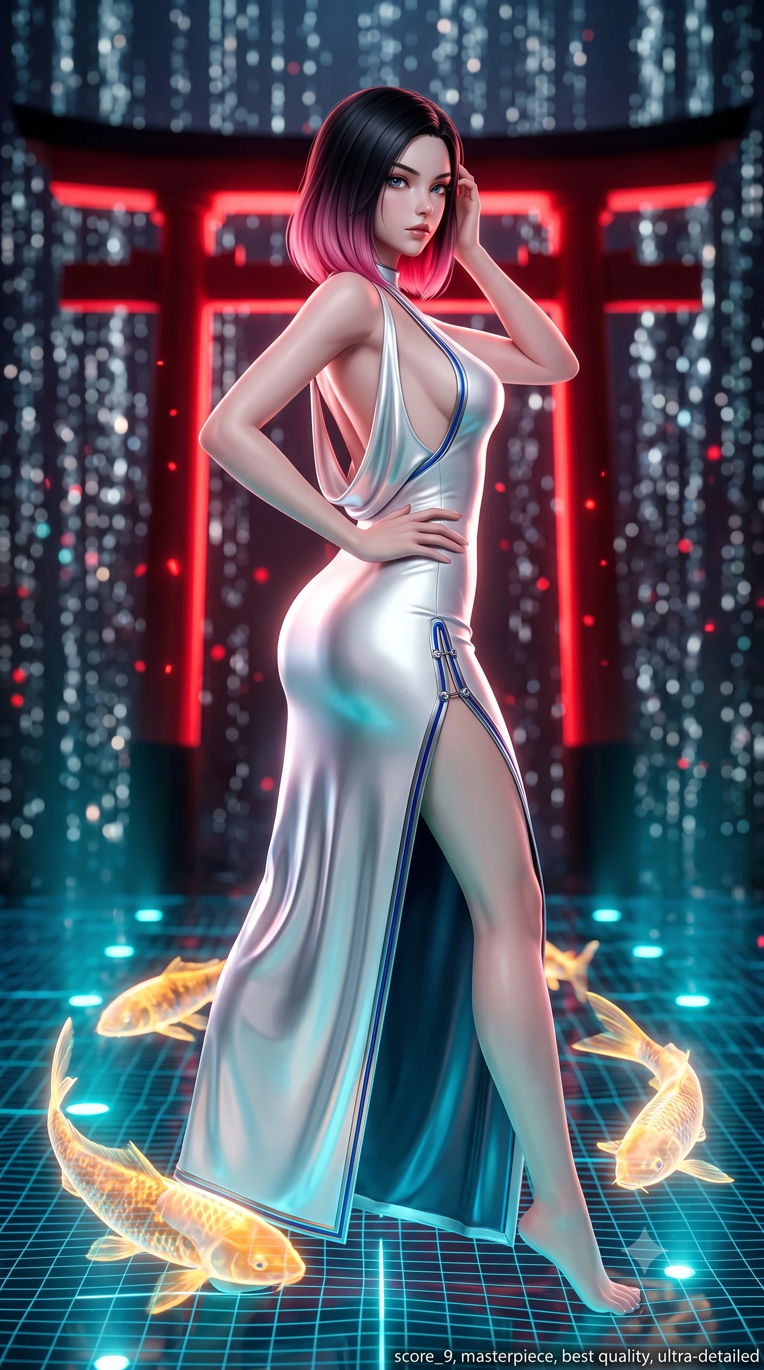 score_9, masterpiece, best quality, ultra-detailed, high-budget anime keyframe, semi-realistic 3D game render, editorial fashion photography, tasteful artistic composition, Korean woman. close-up cowboy shot from the waist and thighs up, the character dominates the composition, filling the frame with her large presence. twisting her upper body in a dynamic S-curve with commanding allure, one hand resting on her slender waist with haughty grace while stepping along the water matrix as swimming golden holographic koi illuminate her sculpted silhouette from below. The composition keeps background elements in soft focus with creamy bokeh. sparkling water matrix light motes creating a soft, luminous background curtain. She has an exceptionally elegant, slender, and willowy female figure with an ultra-slim waist, a gracefully sculpted slender torso, toned flat midriff, and a refined slim silhouette. sharp v-shaped jawline, high-bridge nose, intricate jewel-like eyes with depth, thick eyelashes, glossy lips with a natural sheen, flawlessly proportioned anatomical accuracy, strict slender model proportions, natural body alignment, perfectly sculpted long slender limbs, ultra-slim waistline, clean dynamic posture without body distortion. wearing a precision-fitted liquid jersey bodycon gown in radiant chrome and white, featuring an open cowl back and high side slit in liquid platinum silver and deep sapphire blue LED filaments, made of liquid jersey fabric that clings flawlessly to every contour of her build, finished with an ultra-high side slit secured by miniature magnetic clasps, the glove-like aerodynamic second-skin fit tightly clinging to her ultra-slender waist and athletic curves without adding bulk, accentuating her razor-sharp statuesque lines and slim hourglass silhouette. bathed in glowing scarlet torii gate backlighting and aquatic cyan matrix uplights. rich saturated anime colors with glowing neon highlights, detailed shading with soft gradients, rich glossy textures, high-contrast stereoscopic depth, volumetric dynamic lighting, master piece, 9:16 ratio