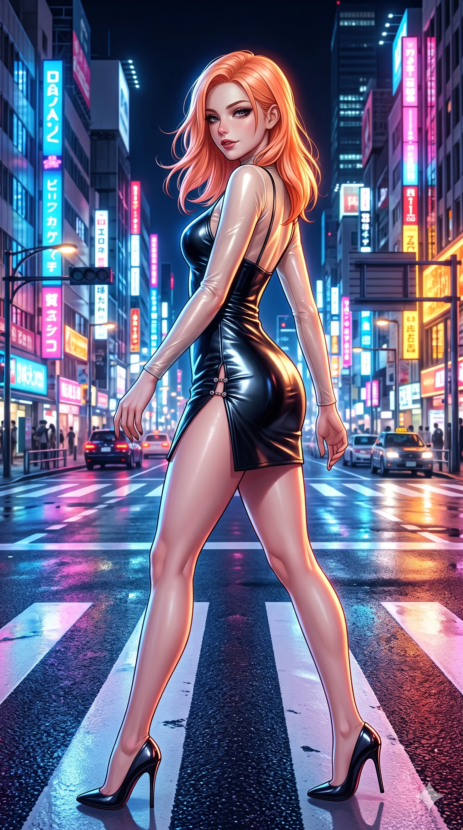 score_9, masterpiece, best quality, ultra-detailed, high-budget anime keyframe, semi-realistic 3D game render, editorial fashion photography, tasteful artistic composition, Japanese woman. close-up cowboy shot from the waist and thighs up, the character dominates the composition, filling the frame with her large presence. twisting her slender torso in a deep contrapposto stance, hips dramatically shifted to accentuate her feminine curves while looking past her shoulder with smoldering bedroom-eyes while pausing mid-stride on the wet white zebra crossing as traffic reflections shimmer beneath her stiletto heels, arching her back with sovereign grace. The surrounding environment is rendered in vivid detail and crisp panoramic clarity: detailed metallic leather mini dress cling, liquid mercury sheen, and modern Japanese cityscape in razor-sharp clarity. She has an exceptionally elegant, slender, and willowy female figure with an ultra-slim waist, flat toned midriff, narrow ribcage, and sculpted feminine hips creating an alluring, slim hourglass silhouette without bulk. sharp v-shaped jawline, high-bridge nose, intricate jewel-like dark sparkling eyes with dangerous depth, thick curled eyelashes, glossy parted lips with a rich wine sheen, smoldering seductive half-smile with bedroom-eyes, exuding effortless superiority and intoxicating dark allure, flawlessly proportioned anatomical accuracy, strict slender model proportions, natural body alignment, perfectly sculpted long slender limbs, ultra-slim waistline, clean dynamic posture without body distortion. wearing a delicate semi-translucent wet-look mesh bodysuit clinging sheerly to her sculpted torso and hip curves in celestial champagne ivory and high-gloss jet black, made of supple butter-soft lambskin leather with a subtle satin sheen, finished with an ultra-high side slit secured by miniature jeweled clasps, the form-contouring cut accentuating her sculpted flat midriff, narrow delicate ribcage, and gracefully curvy hips with intoxicating allure. bathed in multi-colored cybernetic neon floods shifting between cobalt blue, hot pink, and radiant amber. highly saturated vibrant anime colors, detailed shading with soft gradients, rich glossy textures, high-contrast stereoscopic depth, volumetric dynamic lighting, master piece, 9:16 ratio