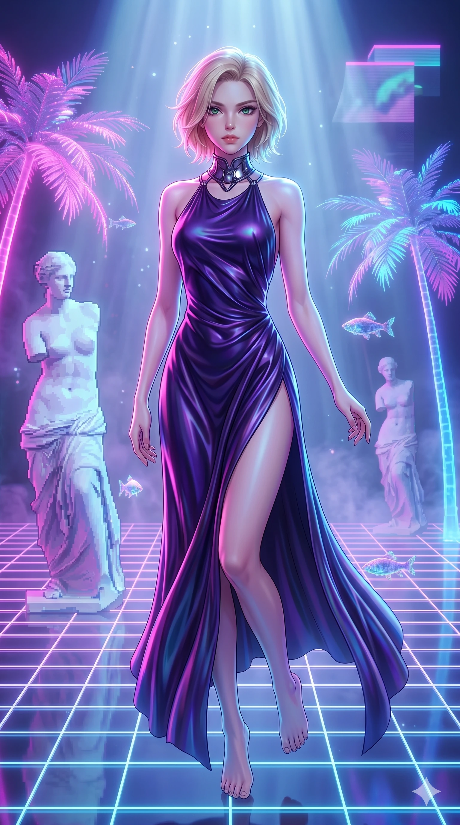 score_9, masterpiece, best quality, ultra-detailed, high-budget anime keyframe, Japanese woman. upper body close-up from the thighs up, character filling the screen for maximum presence. drifting through a holographic vaporwave oasis with floating grid floors, lo-fi marble statues, and glowing pink palms. She has an absolutely perfect 8-heads proportion, an exceptionally tall and slender female figure with impossibly long slender legs and an ultra-slim waist. V-shaped jawline, high-bridge nose, intricate jewel-like eyes with depth, thick eyelashes, glossy lips with a natural sheen.. wearing a gothic liquid silk gown, featuring a deep purple liquid silk maxi gown draped around her, secured by a metallic choker collar, with a high side slit. bathed in brilliant cinematic volumetric lighting and intense neon rim light highlighting her slender form. 2k, ultra detail, master piece, 9:16 ratio