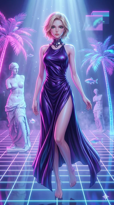 score_9, masterpiece, best quality, ultra-detailed, high-budget anime keyframe, Japanese woman. upper body close-up from the thighs up, character filling the screen for maximum presence. drifting through a holographic vaporwave oasis with floating gr