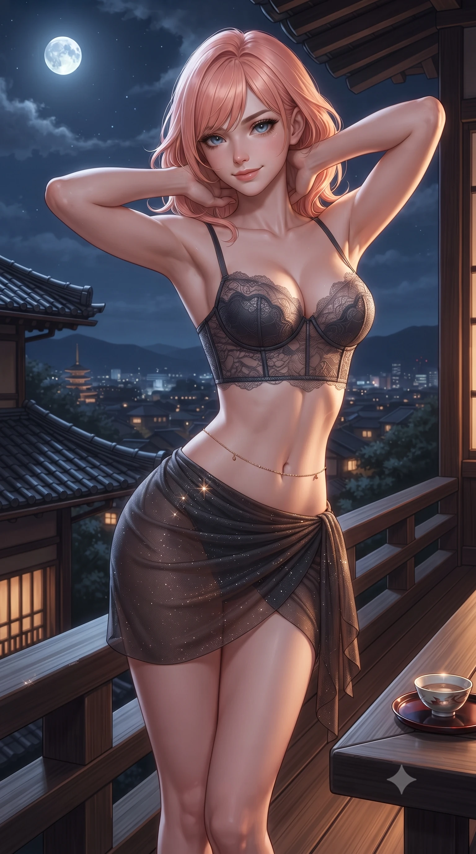 score_9, masterpiece, best quality, ultra-detailed, high-budget anime keyframe, editorial fashion photography, tasteful artistic composition, Japanese woman. close-up cowboy shot from the waist and thighs up, the character dominates the composition, filling the frame with her large presence. resting both hands lightly behind her neck with elbows raised, arching her spine to highlight her narrow waist, flat midriff, and breathtaking collarbones while standing poised on the cantilevered dark cedar deck high over Kyoto valley, arching her spine with breathtaking supermodel elegance against the moonlit skyline. The surrounding environment is rendered in vivid detail and crisp panoramic clarity: sharp natural cedar wood grain, antique ceramic roof tiles, and delicate sake cup lacquer glaze in deep focus. She has an exceptionally elegant, slender, and willowy female figure with an ultra-slim waist, flat toned midriff, narrow ribcage, and sculpted feminine hips creating an alluring, slim hourglass silhouette without bulk. sharp v-shaped jawline, high-bridge nose, sparkling eyes with hypnotic seductive depth, thick curled eyelashes, glossy parted lips with a natural dewy peach sheen, alluring bedroom-eyes with an enchanting coquettish smile, exuding magnetic siren charisma and sophisticated glamour, flawlessly proportioned anatomical accuracy, strict slender model proportions, natural body alignment, perfectly sculpted long slender limbs, ultra-slim waistline, clean dynamic posture without body distortion. wearing a delicate French lace underwire bustier paired with a draped sheer chiffon wrap mini skirt and gold hip brooch in Ayung volcanic charcoal and molten bronze, woven from stretch metallic lurex jersey casting radiant starlight glints across her silhouette, accented with a dainty gold belly chain resting across her flat midriff and curving hips, the liquid-tight tailored fabric clinging flawlessly to her narrow waist and rounded feminine hips, emphasizing every millimeter of her sculpted slim hourglass curves without any bulky heaviness. illuminated by polished cedar reflection bounce and sharp platinum-gold rim lights sculpting her razor-sharp jawline, narrow waist, and curvy hips. ultra-reflective glossy finish, specular highlights, rich textural contrasts, high-contrast stereoscopic depth, volumetric dynamic lighting, 2k, ultra detail, master piece, 9:16 ratio