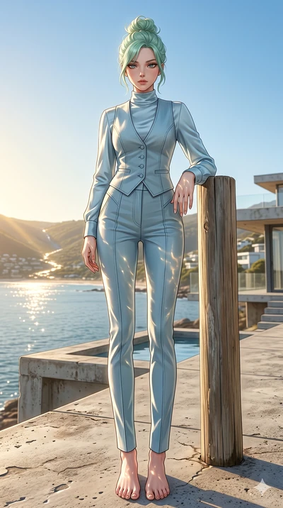 score_9, masterpiece, best quality, ultra-detailed, high-budget anime keyframe, editorial fashion photography, tasteful artistic composition, Japanese woman. low angle full-body shot from head to toe showing her feet, filling the entire 9:16 vertical