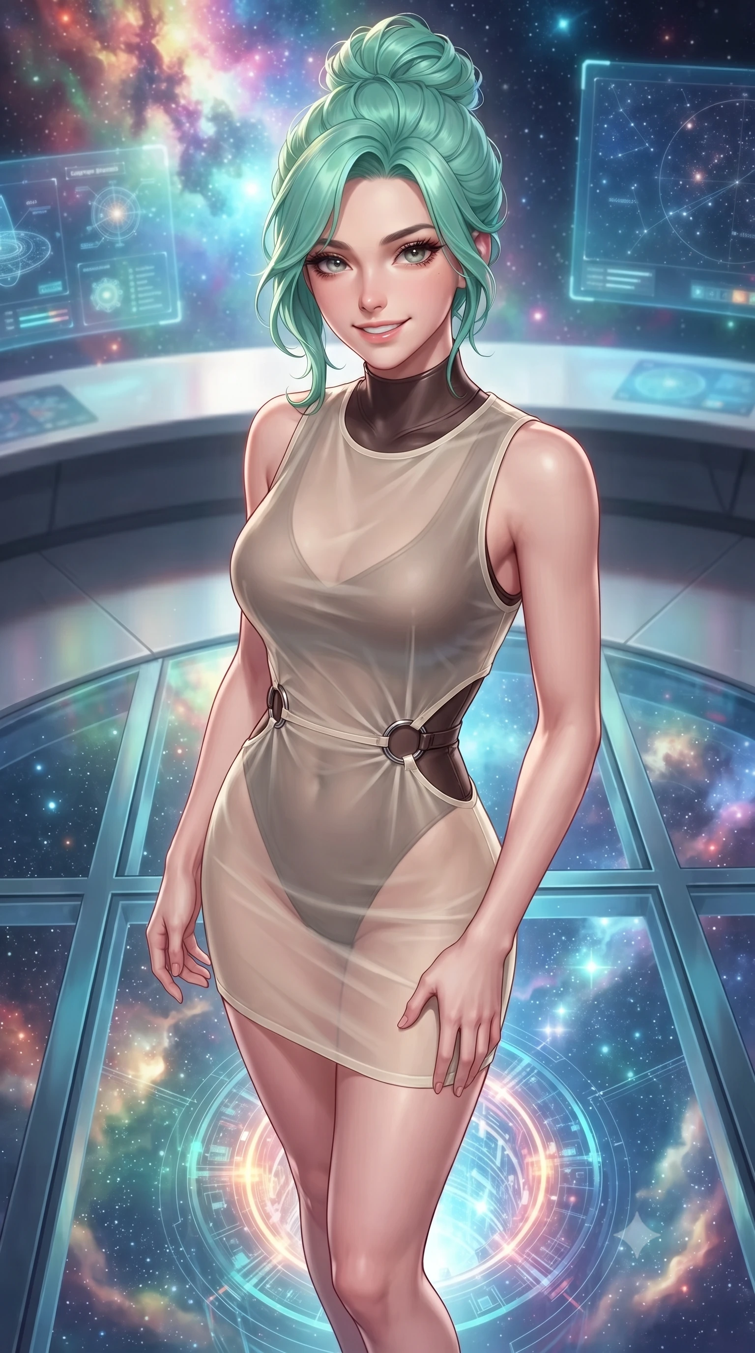 score_9, masterpiece, best quality, ultra-detailed, high-budget anime keyframe, editorial fashion photography, tasteful artistic composition, Japanese woman. close-up cowboy shot from the waist and thighs up, the character dominates the composition, filling the frame with her large presence, background elements kept in soft focus. Smiling with quiet, magnetic self-assurance directly into the lens poised on a glass platform over a quantum particle accelerator core, starlight and cosmic nebula clouds glowing through the floor-to-ceiling glass. She has an exceptionally elegant, slender, and willowy female figure with an ultra-slim waist, a gracefully sculpted slender torso, and a refined silhouette. sharp v-shaped jawline, high-bridge nose, intricate jewel-like eyes with depth, thick eyelashes, glossy lips with a natural sheen. wearing a semi-opaque sheer overlay dress over a leather micro-bodysuit in espresso brown and warm cream, formed from sleek second-skin neoprene, accented with delicate chrome ring hardware framing her waist, the tailored fabric tightly following every curve of her athletic build. illuminated by radiant cosmic nebula light and glowing holographic displays. highly saturated vibrant anime colors, detailed shading with soft gradients, rich glossy textures, high-contrast stereoscopic depth, volumetric dynamic lighting, master piece, 9:16 ratio