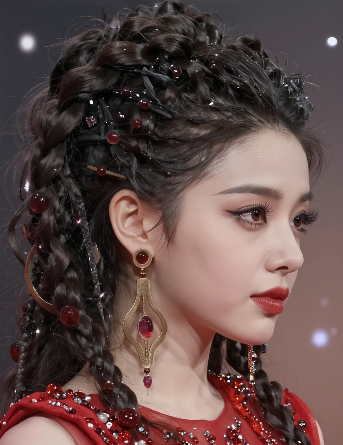 A female idol at an awards ceremony, making a 'cheek heart' pose for the cameras. She wears a stunning red carpet outfit with flashing lights and spotlights in the background.