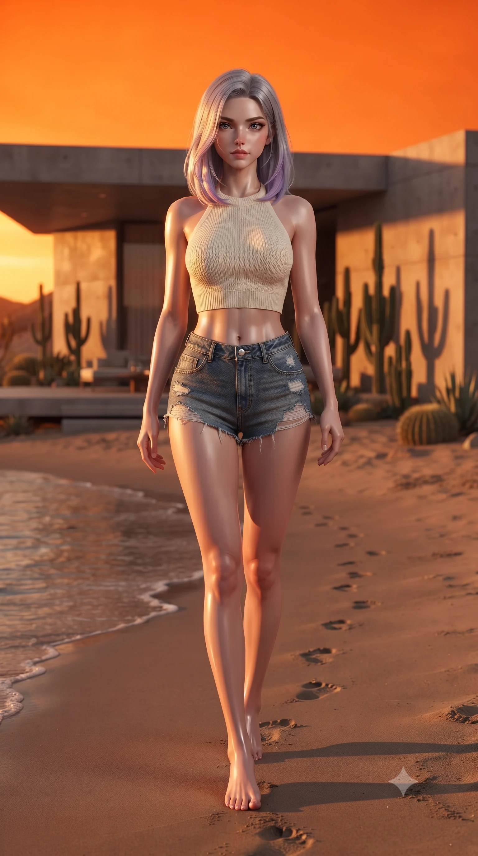 score_9, masterpiece, best quality, ultra-detailed, high-budget anime keyframe, editorial fashion photography, tasteful artistic composition, Caucasian woman woman. low angle full-body shot from head to toe showing her feet, filling the entire 9:16 vertical frame with her statuesque presence, stretching her vertical silhouette. walking slowly along the shoreline, leaving footprints in the wet sand the background shows a soft-focus a patio of a modern concrete villa in the desert, with minimalist cacti landscaping. She has an absolutely perfect, statuesque 8.5-heads proportion, an exceptionally tall and slender model-like female figure with impossibly long slender legs and an ultra-slim waist. sharp v-shaped jawline, high-bridge nose, intricate jewel-like eyes with depth, thick eyelashes, glossy lips with a natural sheen. wearing a tailored chic knit halter crop top paired with high-waisted denim micro-shorts, showing her delicately sculpted midriff. the dramatic orange glow of a desert sunset casting long shadows of the cacti. ultra-reflective glossy finish, specular highlights, metallic sheen, high-contrast stereoscopic depth, volumetric dynamic lighting, 2k, ultra detail, master piece, 9:16 ratio