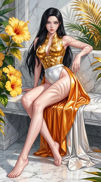 score_9, masterpiece, best quality, ultra-detailed, high-budget anime keyframe, semi-realistic 3D game render, editorial fashion photography, tasteful artistic composition, Korean woman. low angle full-body shot from head to toe showing her feet, fil