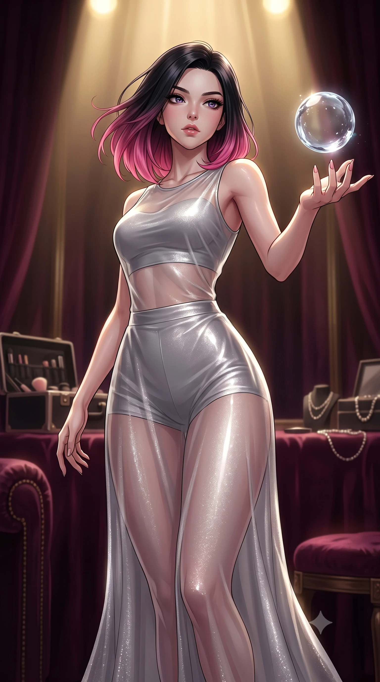 score_9, masterpiece, best quality, ultra-detailed, High-budget Anime Keyframe, East Asian woman. Low angle cowboy shot filling the entire 9:16 frame with her statuesque presence. Scenario 474: reaching out to catch a floating sphere of liquid light in a velvet-lined dressing room illuminated by soft golden spotlights. Her presence is magnetic and overpowering in this high-budget anime scene. Outfit 474: a body-hugging liquid silver shimmering chiffon gown worn over an opaque crop top and high-waisted shorts. The clothing is designed to emphasize her exceptionally tall and slender 8-heads proportion. 8-heads proportion, towering silhouette, ultra-slim waist. sharp v-shaped jawline, intricate jewel-like eyes with depth, thick eyelashes, glossy lips. 2k, ultra detail, master piece, 9:16 ratio