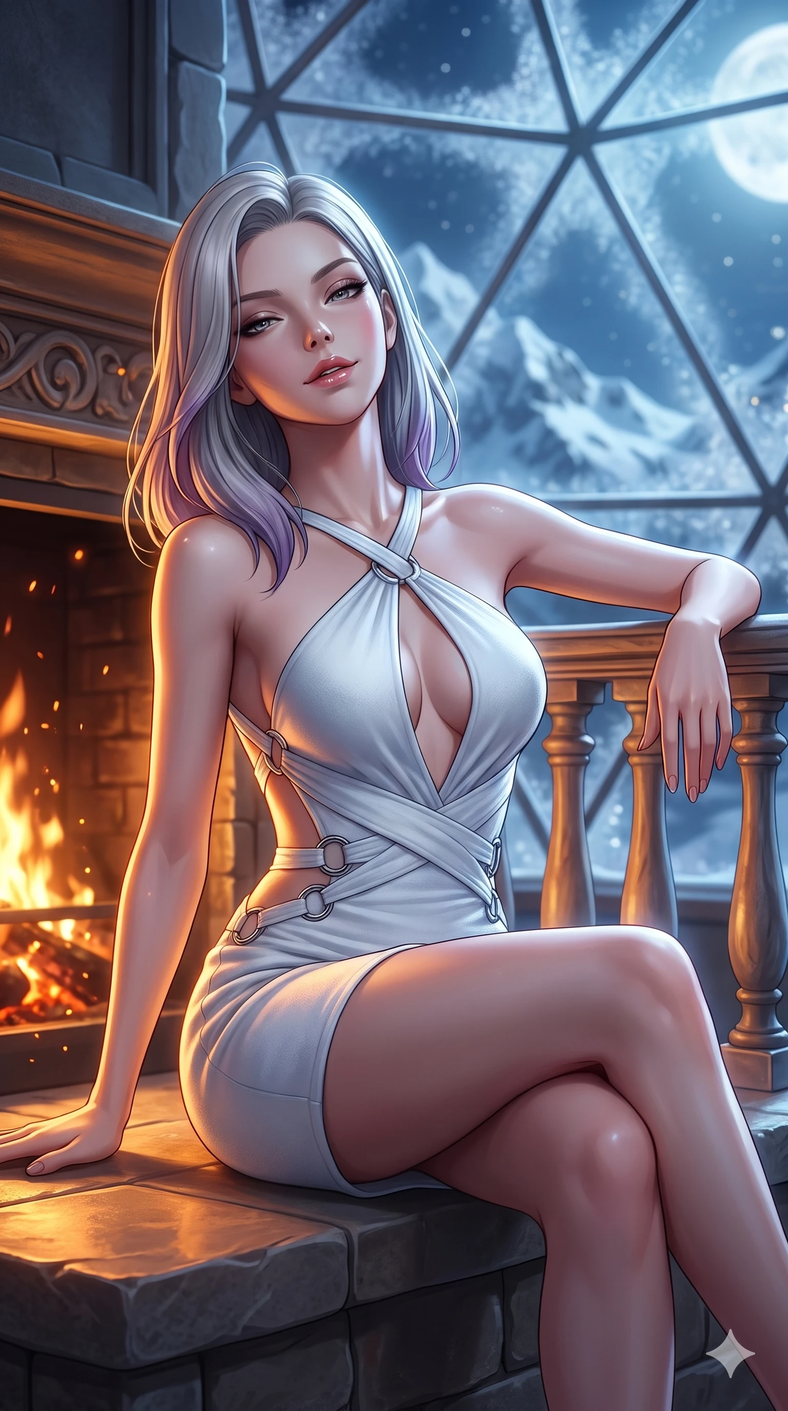 score_9, masterpiece, best quality, ultra-detailed, high-budget anime keyframe, semi-realistic 3D game render, editorial fashion photography, tasteful artistic composition, Caucasian woman. close-up cowboy shot from the waist and thighs up, the character dominates the composition, filling the frame with her large presence. leaning back against the balustrade with relaxed seductive grace, head tilted back slightly while casting a hypnotic, heavy-lidded gaze while sitting gracefully on the raised soapstone hearth with legs crossed, gazing through frosted glass facets at the arctic night sky with smoldering eyes. The background shows a soft-focus dancing fireplace embers, panoramic snow-covered mountain ridges under moonlight, and frosted geodesic glass facets blurred into warm gold, icy azure, and diamond white bokeh. She has an exceptionally elegant, slender, and willowy female figure with an ultra-slim waist, flat toned midriff, narrow ribcage, and sculpted feminine hips creating an alluring, slim hourglass silhouette without bulk. sharp v-shaped jawline, high-bridge nose, sparkling eyes with hypnotic seductive depth, thick curled eyelashes, glossy parted lips with a natural dewy peach sheen, alluring bedroom-eyes with an enchanting coquettish smile, exuding magnetic siren charisma and sophisticated glamour, flawlessly proportioned anatomical accuracy, strict slender model proportions, natural body alignment, perfectly sculpted long slender limbs, ultra-slim waistline, clean dynamic posture without body distortion. wearing a strappy crossover bandage micro dress with plunging keyhole neckline and exposed back in arctic frost white and icy platinum, spun from ultra-soft fine-gauge Mongolian cashmere with a tactile dewy softness, accented with sculptural chrome hardware rings framing the subtle seams, the impeccably tailored cut draping gracefully along her slender figure with aristocratic futuristic poise. illuminated by hearth reflection bounce and sharp warm-gold rim lights defining her delicate clavicles, ultra-slim waist, and curvy hips. highly saturated vibrant anime colors, detailed shading with soft gradients, rich glossy textures, high-contrast stereoscopic depth, volumetric dynamic lighting, master piece, 9:16 ratio