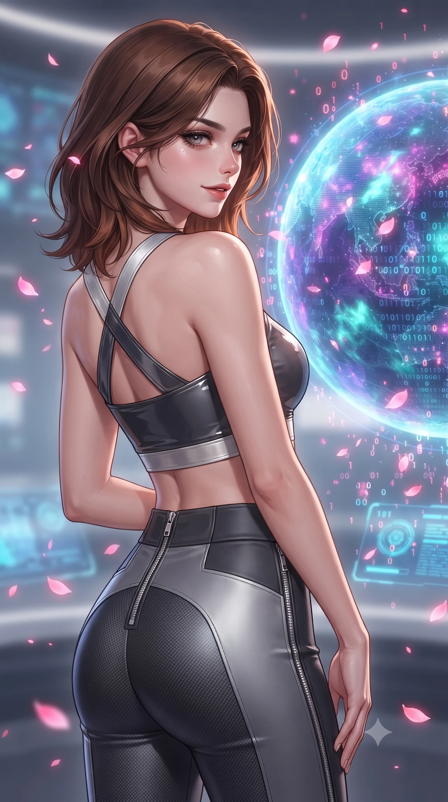 score_9, masterpiece, best quality, ultra-detailed, high-budget anime keyframe, editorial fashion photography, tasteful artistic composition, Korean woman. close-up cowboy shot from the waist and thighs up, the character dominates the composition, filling the frame with her large presence, background elements kept in soft focus. Glancing sidelong over her shoulder with a smoldering half-smile and heavy lashes interacting with a giant glowing holographic globe of a cybernetic planet, floating digital sakura petals flickering into binary code sparks. She has an exceptionally elegant, slender, and willowy female figure with an ultra-slim waist, a gracefully sculpted slender torso, and a refined silhouette. sharp v-shaped jawline, high-bridge nose, intricate jewel-like eyes with depth, thick eyelashes, glossy lips with a natural sheen. wearing a glossy vinyl crop top and high-waist tailored leggings with sleek zippers in charcoal grey and platinum, made of fine carbon-fiber weave and soft matte leather, complemented by criss-cross back straps highlighting her bare shoulders, the sleek second-skin texture accentuating her magnetic presence. illuminated by radiant cosmic nebula light and glowing holographic displays. highly saturated vibrant anime colors, detailed shading with soft gradients, rich glossy textures, high-contrast stereoscopic depth, volumetric dynamic lighting, master piece, 9:16 ratio