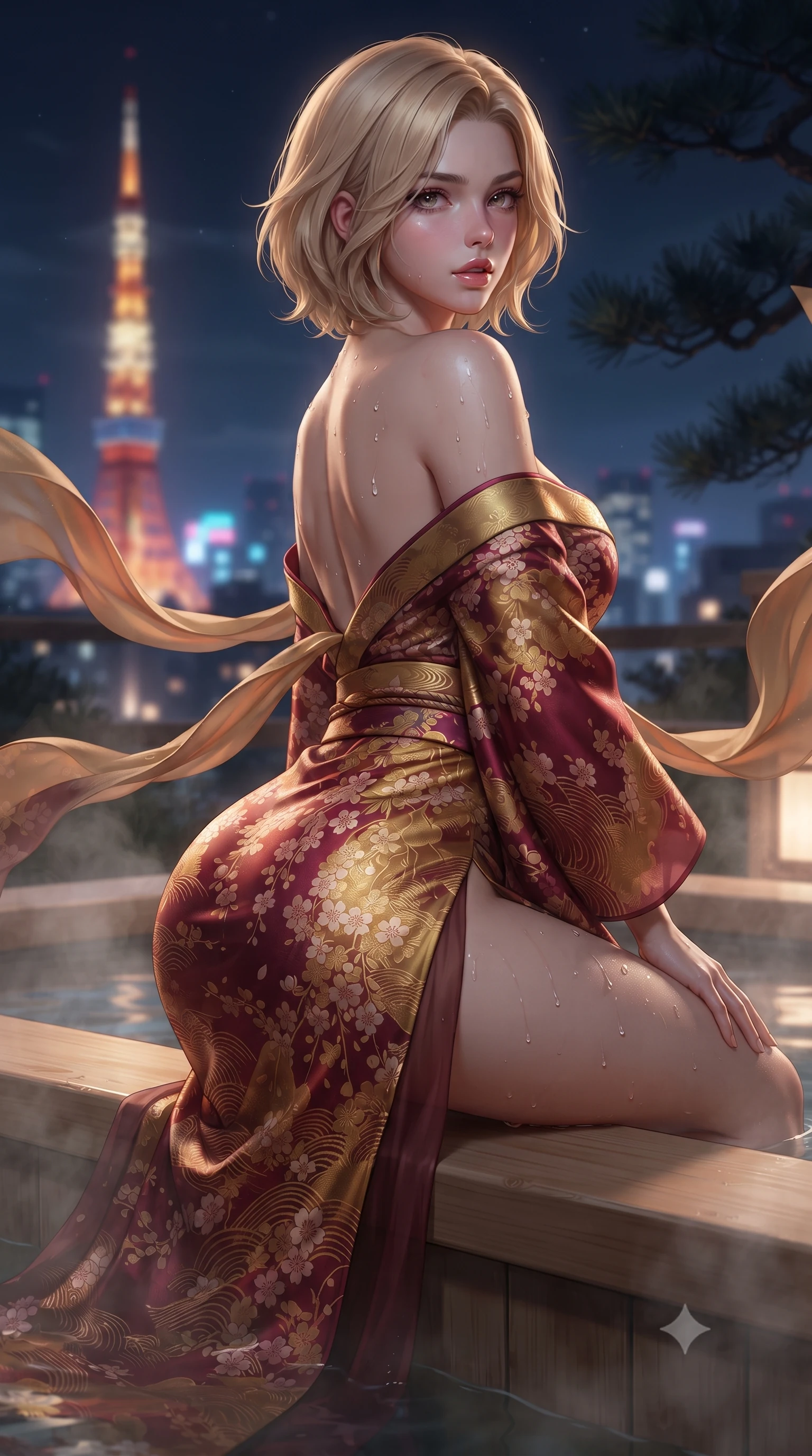 score_9, masterpiece, best quality, ultra-detailed, high-budget anime keyframe, editorial fashion photography, tasteful artistic composition, Caucasian woman. close-up cowboy shot from the waist and thighs up, the character dominates the composition, filling the frame with her large presence. posing in an alluring rear three-quarter angle, arching her lower back in a pronounced S-curve with one hand on her hip, glancing seductively over her bare shoulder with parted glossy lips while perching on the smooth hinoki wood rim of a steaming outdoor onsen, water droplets beading on her hip as she glances back with parted lips. The composition keeps background elements in soft focus with creamy bokeh. distant Tokyo Tower neon lights and dark pine branches softened in dreamy nocturnal shallow focus. She has an exceptionally elegant, slender, and willowy female figure with an ultra-slim waist, a gracefully sculpted slender torso, toned flat midriff, and rounded feminine hips creating an alluring hourglass silhouette. sharp v-shaped jawline, high-bridge nose, intricate jewel-like eyes with depth, thick eyelashes, glossy parted lips with a natural sheen, intensely captivating and seductive bedroom-eyes expression, flawlessly proportioned anatomical accuracy, strict slender model proportions, natural body alignment, perfectly sculpted long slender limbs, ultra-slim waistline, clean dynamic posture without body distortion. wearing a backless off-shoulder silk kimono gown with fluttering drapes and an ultra-high side slit in imperial gold and deep crimson silk, woven from sheer cascading chiffon that ripples like water, finished with long flowing silk arm ribbons that float weightlessly in the air, the second-skin form-contouring cut accentuating her sculpted flat midriff, narrow waistline, and dramatically curvy hips without adding bulk. surrounded by an intimate, tranquil, and deeply sensual Japanese skylounge muse aura. ultra-reflective glossy finish, specular highlights, rich textural contrasts, high-contrast stereoscopic depth, volumetric dynamic lighting, 2k, ultra detail, master piece, 9:16 ratio