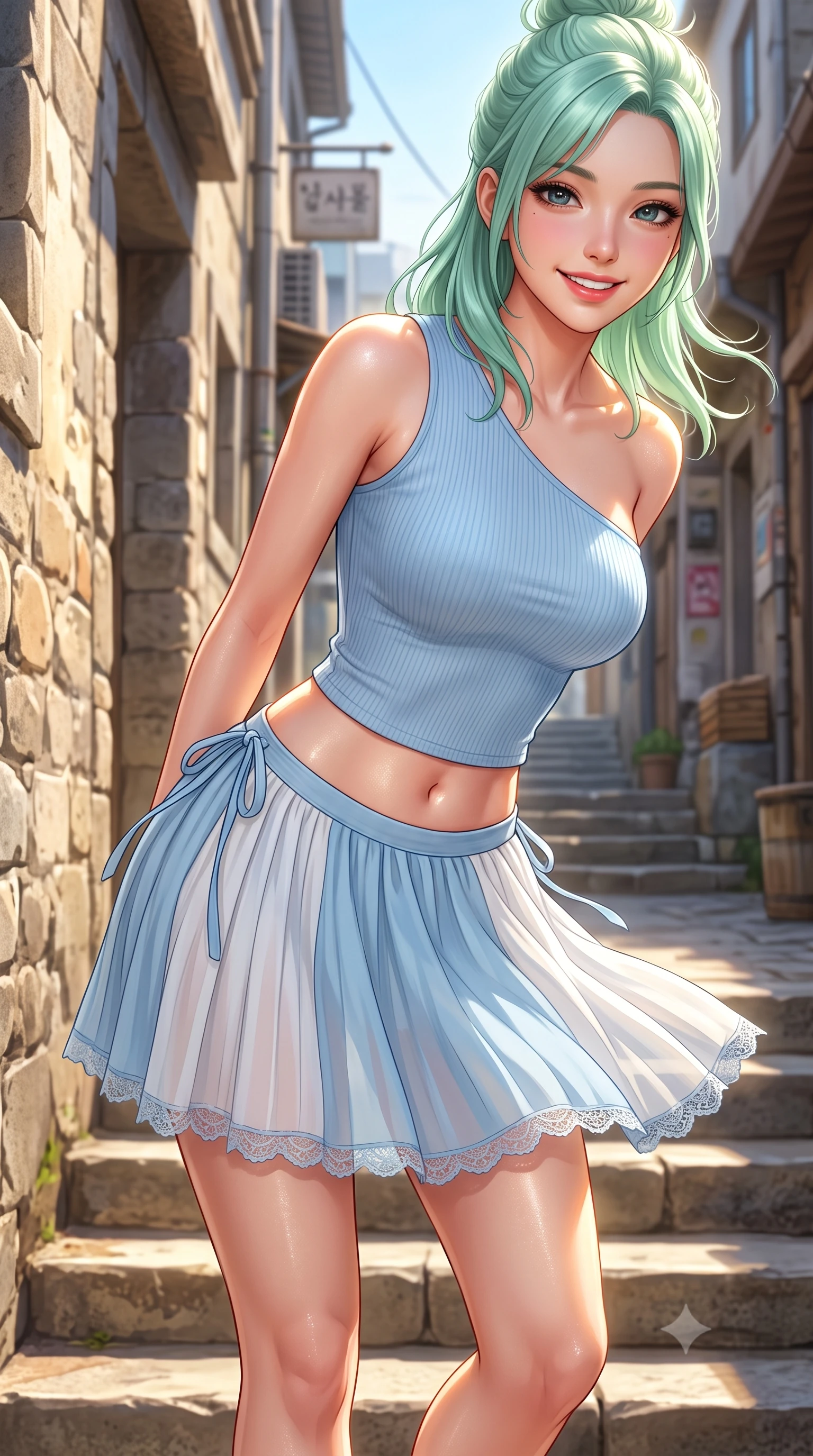 score_9, masterpiece, best quality, ultra-detailed, high-budget anime keyframe, semi-realistic 3D game render, editorial fashion photography, tasteful artistic composition, Japanese woman. close-up cowboy shot from the waist and thighs up, the character dominates the composition, filling the frame with her large presence. leaning forward with playful cute grace while arching her lower back to accentuate her curvy hips, looking into the camera with a bright cheerful smile and alluring coquettish bedroom-eyes while walking down the sunlit stone steps with sovereign supermodel grace, her tailored outfit hugging her narrow waist and feminine hips. The surrounding environment is rendered in vivid detail and crisp panoramic clarity. detailed fabric drape, golden sunlight glints on skin, and Hannam alleyway clarity in high resolution. She has an exceptionally elegant, slender, and willowy female figure with an ultra-slim waist, flat toned midriff, narrow ribcage, and sculpted feminine hips creating an alluring, slim hourglass silhouette without bulk. sharp v-shaped jawline, high-bridge nose, intricate jewel-like sparkling eyes with depth, thick eyelashes, glossy parted lips with a natural peach sheen, bright cheerful beaming smile with an enchanting and coquettish sensual glint, exuding both youthful cute charm and seductive allure, flawlessly proportioned anatomical accuracy, strict slender model proportions, natural body alignment, perfectly sculpted long slender limbs, ultra-slim waistline, clean dynamic posture without body distortion. wearing an asymmetrical one-shoulder ribbed top paired with a micro-pleated skirt with side hip ties in soft baby blue and crisp cloud white, tailored from fine lightweight chiffon that flutters gently in the breeze, finished with delicate lace scallop edging along the neckline, the glove-like silhouette tightly following the natural contour of her hips and long slender legs with youthful 8.5-heads elegance. illuminated by crisp directional highlights accentuating her sculpted midriff, narrow waist, and curvy hips. highly saturated vibrant anime colors, detailed shading with soft gradients, rich glossy textures, high-contrast stereoscopic depth, volumetric dynamic lighting, master piece, 9:16 ratio