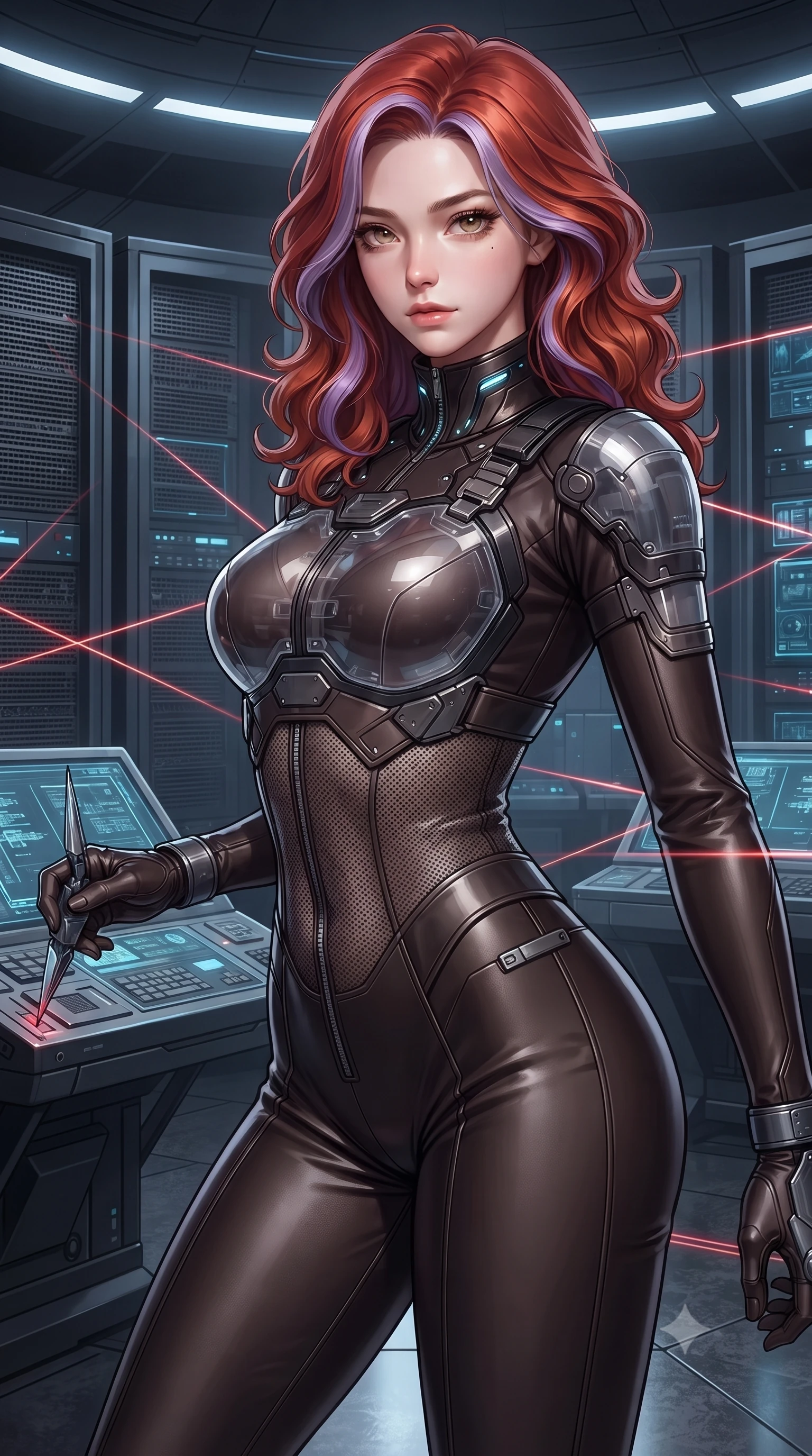 score_9, masterpiece, best quality, ultra-detailed, high-budget anime keyframe, editorial fashion photography, tasteful artistic composition, Caucasian woman. close-up cowboy shot from the waist and thighs up, the character dominates the composition, filling the frame with her large presence. radiating intense magnetic charisma with jewel-like eyes locked onto the viewer, her upper body turning in a dynamic, fluid S-curve while holding a high-tech data-extraction spike near a master console terminal with supreme operative confidence. The surrounding environment is rendered in vivid detail and crisp panoramic clarity. sharp laser beam focus points, brushed dark titanium server rack grilles, and granite floor reflections in deep focus. She has an exceptionally elegant, slender, and willowy female figure with an ultra-slim waist, a gracefully sculpted slender torso, toned flat midriff, and a refined slim silhouette. sharp v-shaped jawline, high-bridge nose, intricate jewel-like eyes with depth, thick eyelashes, glossy lips with a natural sheen, captivating and magnetic expression, flawlessly proportioned anatomical accuracy, strict slender model proportions, natural body alignment, perfectly sculpted long slender limbs, ultra-slim waistline, clean dynamic posture without body distortion. wearing a sleek tailored stealth catsuit with transparent armor breastplate and tactical shoulder pauldrons in deep espresso leather and gunmetal hardware, made of reinforced ripstop micro-mesh with thermal insulation lining, featuring a high aerodynamic collar framed by subtle glowing cybernetic LEDs, the liquid-tight tailored fabric emphasizing every curve of her tall, slender model proportions and sculptured silhouette during dynamic movement. surrounded by a deadly, sophisticated, and irresistibly alluring secret agent femme fatale aura. ultra-reflective glossy finish, specular highlights, rich textural contrasts, high-contrast stereoscopic depth, volumetric dynamic lighting, 2k, ultra detail, master piece, 9:16 ratio