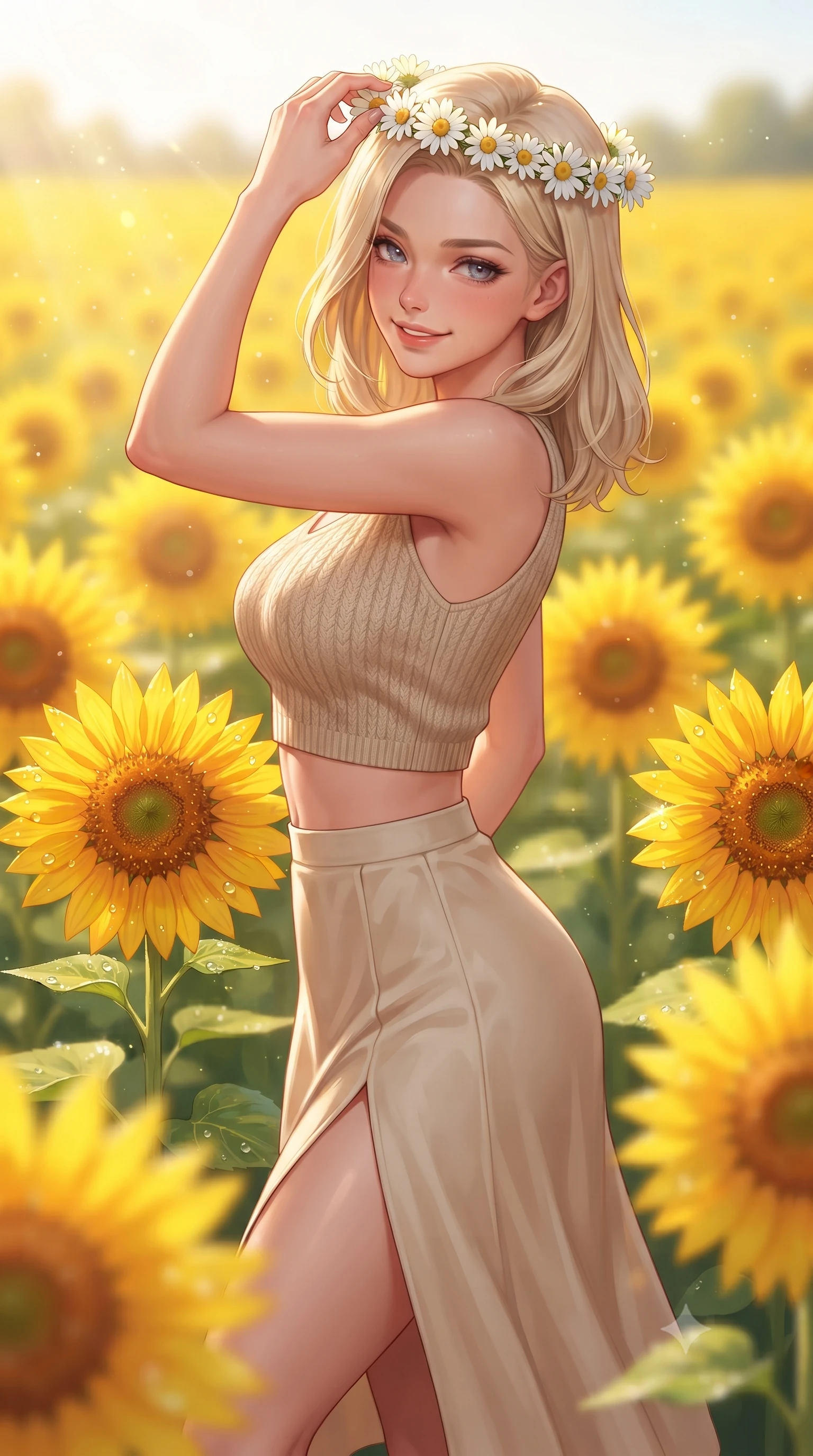 score_9, masterpiece, best quality, ultra-detailed, high-budget anime keyframe, editorial fashion photography, tasteful artistic composition, Caucasian woman. close-up cowboy shot from the waist and thighs up, the character dominates the composition, filling the frame with her large presence, background elements kept in soft focus. smiling with a playful and cute half-smile, glancing sidelong over her shoulder set against a soft-focus background of in the middle of a vast, sunny field filled with bright yellow sunflowers holding a delicate crown of daisies on her head, smiling cutely. She has an exceptionally elegant, slender, and willowy female figure with an ultra-slim waist, a gracefully sculpted slender torso, and a refined silhouette. sharp v-shaped jawline, high-bridge nose, intricate jewel-like eyes with depth, thick eyelashes, glossy lips with a natural sheen. wearing form-contouring crop top in oatmeal knit paired with a flowy midi skirt featuring a high side slit. warm morning sunbeams creating fresh dewdrop glints on the flower petals. highly saturated vibrant anime colors, detailed shading with soft gradients, rich glossy textures, high-contrast stereoscopic depth, volumetric dynamic lighting, master piece, 9:16 ratio