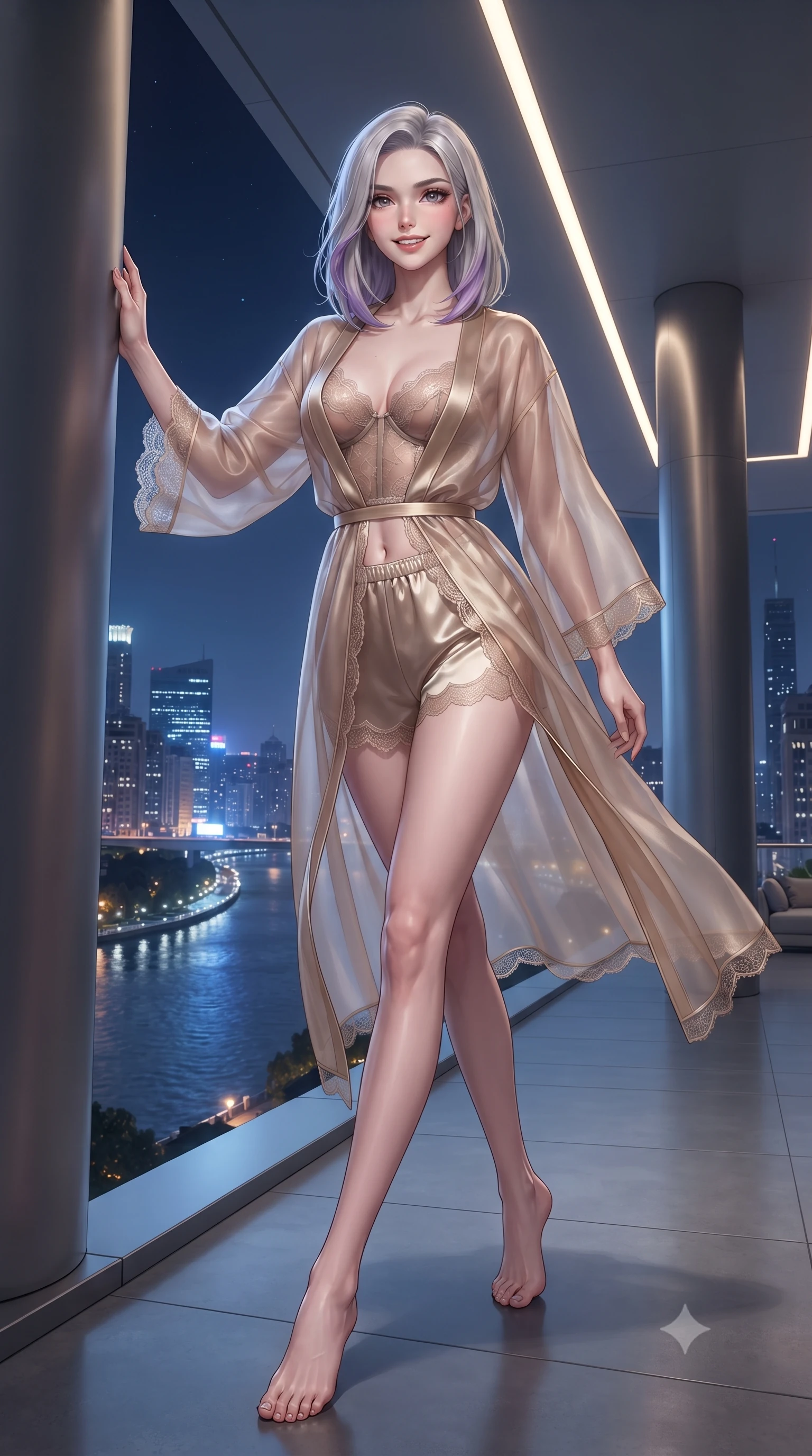 score_9, masterpiece, best quality, ultra-detailed, high-budget anime keyframe, editorial fashion photography, tasteful artistic composition, Caucasian woman. low angle full-body shot from head to toe showing her feet, filling the entire 9:16 vertical frame with her statuesque presence, stretching her vertical silhouette. stepping forward in a confident stride, her long slender legs and curvaceous hips creating a dynamic, sweeping vertical line while leaning against the architectural titanium column with hips cocked back, casting an intoxicating smoldering bedroom-gaze over the midnight river. The surrounding environment is rendered in vivid detail and crisp panoramic clarity: detailed plunging sheer micro-mesh cocktail dress, liquid satin piping contouring her flat midriff, and iconic skyline architecture in razor-sharp precision. She has an exceptionally tall and slender model-like 8.5-heads proportion, an ultra-slim waist, a flat toned midriff, narrow delicate ribcage, and beautifully sculpted feminine hips creating a graceful, slim hourglass silhouette without any bulky heaviness, with impossibly long slender legs. sharp v-shaped jawline, high-bridge nose, intricate jewel-like sparkling eyes with depth, thick eyelashes, glossy parted lips with a natural peach sheen, bright cheerful beaming smile with an enchanting and coquettish sensual glint, exuding both youthful cute charm and seductive allure, flawlessly proportioned anatomical accuracy, strict slender model proportions, natural body alignment, perfectly sculpted long slender limbs, ultra-slim waistline, clean dynamic posture without body distortion. wearing a delicate translucent silk organza wrap robe worn loose over a sheer lace demi-bustier and satin tap pants in Oia starlight bronze and radiant champagne gold, crafted from fluid liquid silk satin that clings smoothly to her narrow waist and rounded hips with a dewy sheen, finished with scalloped eyelash lace trim framing her sweetheart neckline with intimate elegance, the high-slit wrap tailoring accentuating her ultra-slim waistline and the enchanting curve of her feminine hips with alluring seductive charm. bathed in the cool ambient glow of the illuminated river and city skyline mixed with warm recessed LED ceiling strips. ultra-reflective glossy finish, specular highlights, rich textural contrasts, high-contrast stereoscopic depth, volumetric dynamic lighting, 2k, ultra detail, master piece, 9:16 ratio