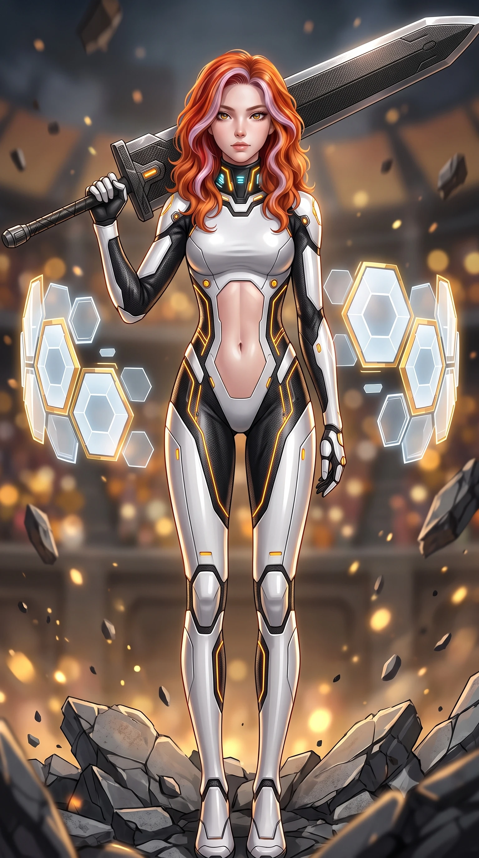 score_9, masterpiece, best quality, ultra-detailed, high-budget anime keyframe, semi-realistic 3D game render, editorial fashion photography, tasteful artistic composition, Caucasian woman. close-up cowboy shot from the waist and thighs up, the character dominates the composition, filling the frame with her large presence. gazing forward with divine sovereign poise, captivating jewel-like eyes shining with transcendent focus while holding her weapon with effortless mastery while standing victorious on the shattered rubble of a cybernetic colosseum arena with a massive carbon greatsword resting on her shoulder. The composition keeps background elements in soft focus with creamy bokeh. holographic colosseum spectator stands and floating debris blurred into rich amber, gold, and charcoal bokeh. She has an exceptionally elegant, slender, and willowy female figure with an ultra-slim waist, a gracefully sculpted slender torso, toned flat midriff, and a refined slim silhouette. sharp v-shaped jawline, high-bridge nose, intricate jewel-like eyes with depth, thick eyelashes, glossy lips with a natural sheen, flawlessly proportioned anatomical accuracy, strict slender model proportions, natural body alignment, perfectly sculpted long slender limbs, ultra-slim waistline, clean dynamic posture without body distortion. wearing a high-contrast monochrome white-and-black carbon-composite exoskeleton suit with glowing amber circuitry, deploying floating hexagonal holographic energy shields with sovereign grace in arctic white carbon composite with radiant solar gold plating, crafted from ultra-strong woven carbon-fiber composite with a satin luster, featuring a sleek aerodynamic collar framed by subtle glowing cybernetic status LEDs, the form-contouring material adhering flawlessly to her sculpted flat midriff and slender torso, emphasizing her long leg lines and perfectly proportioned willowy build. surrounded by an invincible, royal, and fiercely captivating cyber-gladiator empress aura. rich saturated anime colors with glowing neon highlights, detailed shading with soft gradients, rich glossy textures, high-contrast stereoscopic depth, volumetric dynamic lighting, master piece, 9:16 ratio