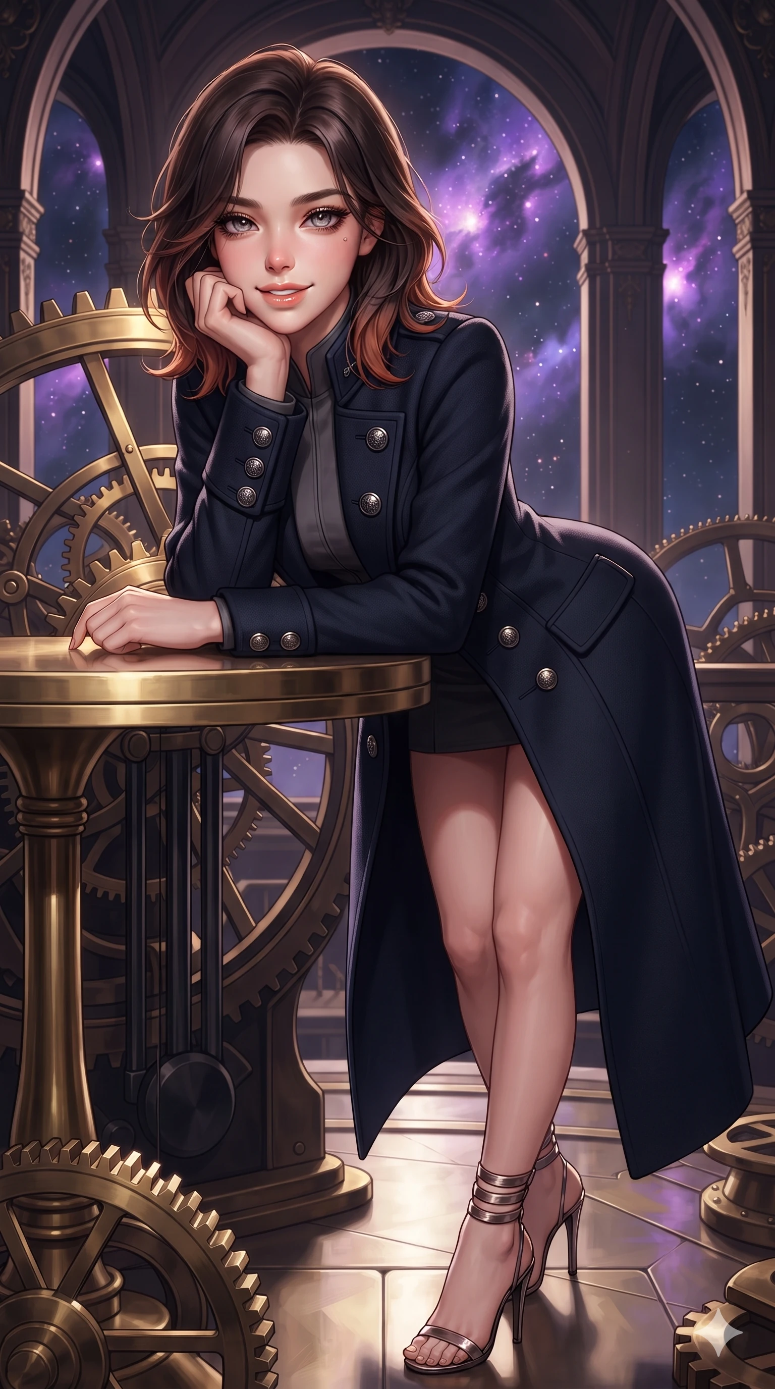 score_9, masterpiece, best quality, ultra-detailed, high-budget anime keyframe, editorial fashion photography, tasteful artistic composition, Korean woman. close-up cowboy shot from the waist and thighs up, the character dominates the composition, filling the frame with her large presence. resting one elbow on the table and supporting her chin, leaning close to the camera with heavy-lidded sparkling eyes and parted lips while leaning against the massive escapement wheel with hips cocked back, watching glowing purple nebulae drift through soaring open arches with heavy-lidded bedroom-eyes. The surrounding environment is rendered in vivid detail and crisp panoramic clarity: sharp polished brass gear teeth, engraved astronomical gear ratios, and heavy obsidian pendulum rods in deep focus. She has an exceptionally elegant, slender, and willowy female figure with an ultra-slim waist, flat toned midriff, narrow ribcage, and sculpted feminine hips creating an alluring, slim hourglass silhouette without bulk. sharp v-shaped jawline, high-bridge nose, intricate jewel-like sparkling eyes with depth, thick eyelashes, glossy parted lips with a natural peach sheen, bright cheerful beaming smile with an enchanting and coquettish sensual glint, exuding both youthful cute charm and seductive allure, flawlessly proportioned anatomical accuracy, strict slender model proportions, natural body alignment, perfectly sculpted long slender limbs, ultra-slim waistline, clean dynamic posture without body distortion. wearing a structured high-collar Victorian opera greatcoat in midnight navy wool with polished brass crest buttons in charcoal grey and polished chrome, crafted from bespoke double-faced cashmere with an exceptionally soft tactile finish, complemented by strappy stiletto sandals with metallic ankle wraps accentuating her slender calves, the bespoke structured tailoring following the natural line of her 8.5-heads silhouette with refined elegance. illuminated by gear train reflection bounce and sharp gold-violet rim lights sculpting her razor-sharp jawline, narrow waist, and curvy hips. ultra-reflective glossy finish, specular highlights, rich textural contrasts, high-contrast stereoscopic depth, volumetric dynamic lighting, 2k, ultra detail, master piece, 9:16 ratio