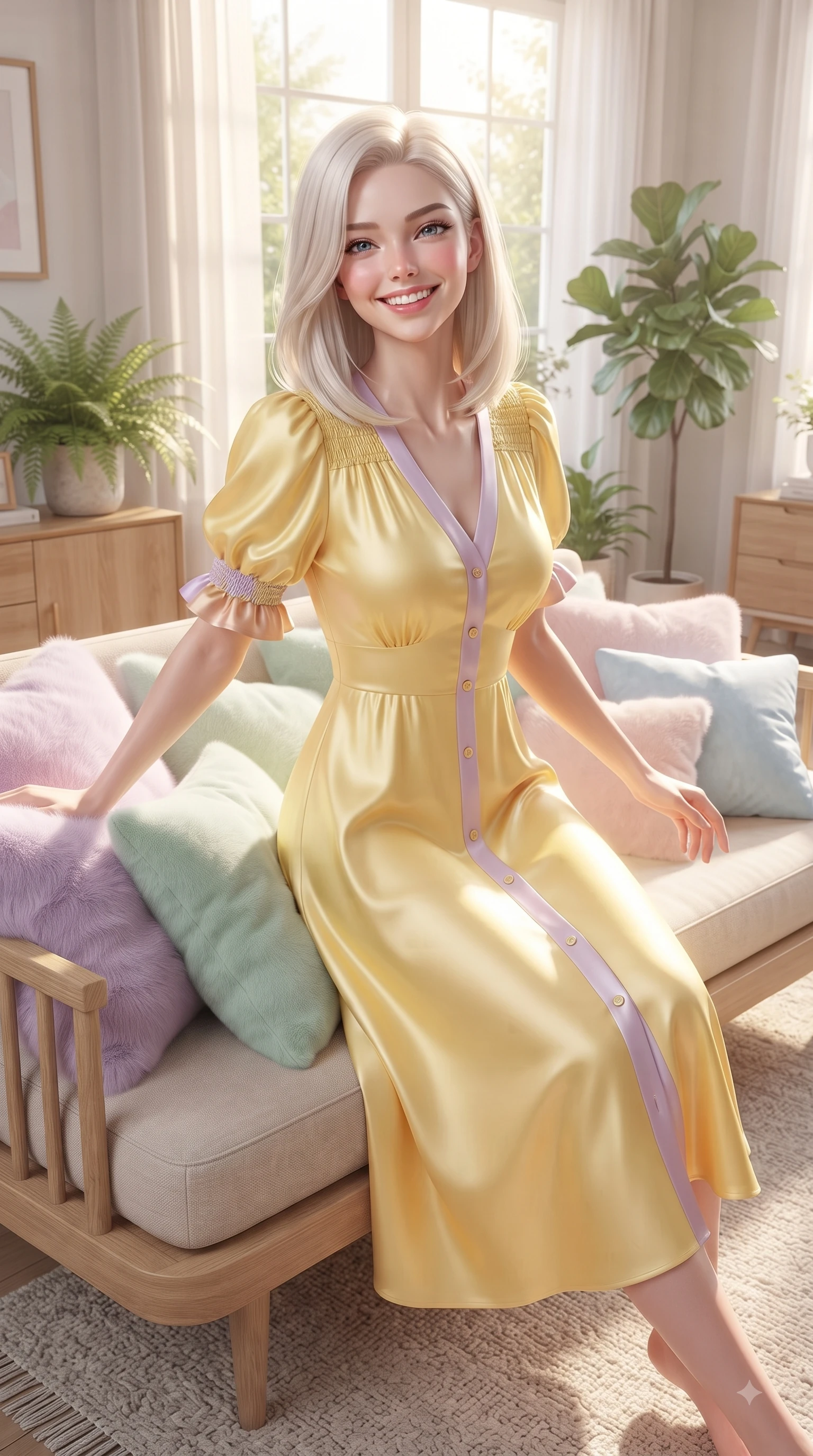 score_9, masterpiece, best quality, ultra-detailed, high-budget anime keyframe, editorial fashion photography, tasteful artistic composition, Caucasian woman. close-up cowboy shot from the waist and thighs up, the character dominates the composition, filling the frame with her large presence. Tilting her chin up with a sweet beaming smile of pure delight while balancing dynamically amidst the scene while resting playfully on fluffy pastel cushions while looking directly at the camera with a radiant smile. The surrounding environment is rendered in vivid detail and crisp panoramic clarity. stylish Scandinavian interior decor, sunlit window greenery, and elegant wooden furnishings in sharp resolution. She has an exceptionally elegant, slender, and willowy female figure with an ultra-slim waist, a gracefully sculpted slender torso, and a refined silhouette. sharp v-shaped jawline, high-bridge nose, intricate jewel-like eyes with depth, thick eyelashes, glossy lips with a natural sheen, flawlessly proportioned anatomical accuracy, natural body alignment, perfectly sculpted elegant limbs, clean dynamic posture without body distortion. wearing a cheerful daffodil-yellow button-front midi dress with short puff sleeves in pastel lilac and soft rose gold, crafted from smooth fluid silk satin, accented with soft smocked details and fluttery cuffs, the breezy lightweight fabric fluttering softly against her delicate frame. bathed in soft, warm morning sunlight streaming through sheer curtains. ultra-reflective glossy finish, specular highlights, metallic sheen, high-contrast stereoscopic depth, volumetric dynamic lighting, 2k, ultra detail, master piece, 9:16 ratio