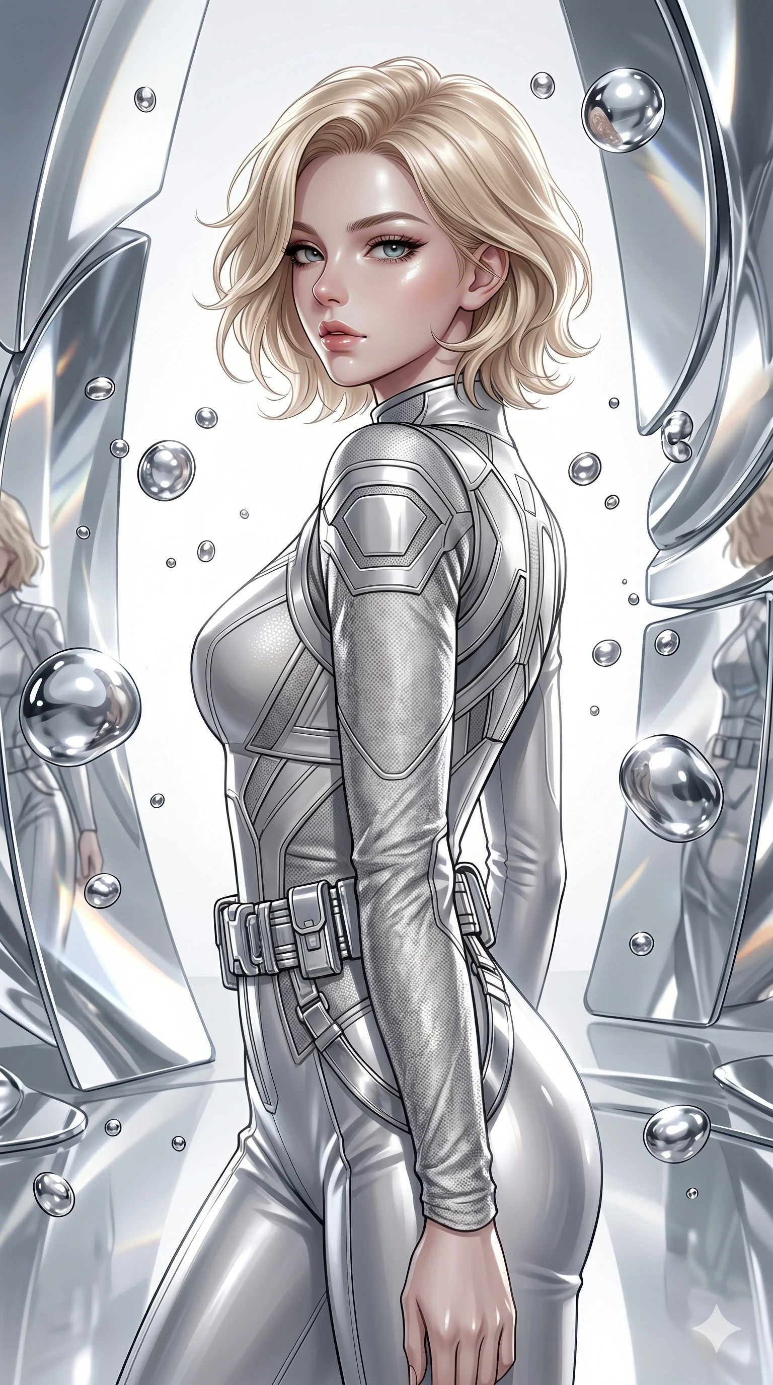 score_9, masterpiece, best quality, ultra-detailed, high-budget anime keyframe, Caucasian woman, strictly human ears. Upper body close-up from the thighs up, character filling the screen for maximum presence. She is surrounded by floating mercury droplets and curved abstract mirrors that warp space. She strikes a striking fashion pose, looking over her shoulder with glossy, natural lips. She has an absolutely perfect 8-heads proportion, a tall and elegant figure with a refined silhouette and a defined waistline. V-shaped jawline, high-bridge nose, intricate jewel-like eyes with depth, thick eyelashes, glossy lips with a natural sheen. She is wearing a high-fashion tech-jumpsuit featuring structured panel overlays across the torso and shoulders, accented by a metallic silver utility belt and textured fabric sleeves. The scene is bathed in highly reflective silver highlights and a stark white side studio light. 2k, ultra detail, master piece, 9:16 ratio
