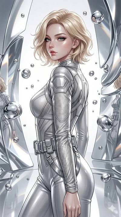 score_9, masterpiece, best quality, ultra-detailed, high-budget anime keyframe, Caucasian woman, strictly human ears. Upper body close-up from the thighs up, character filling the screen for maximum presence. She is surrounded by floating mercury dro