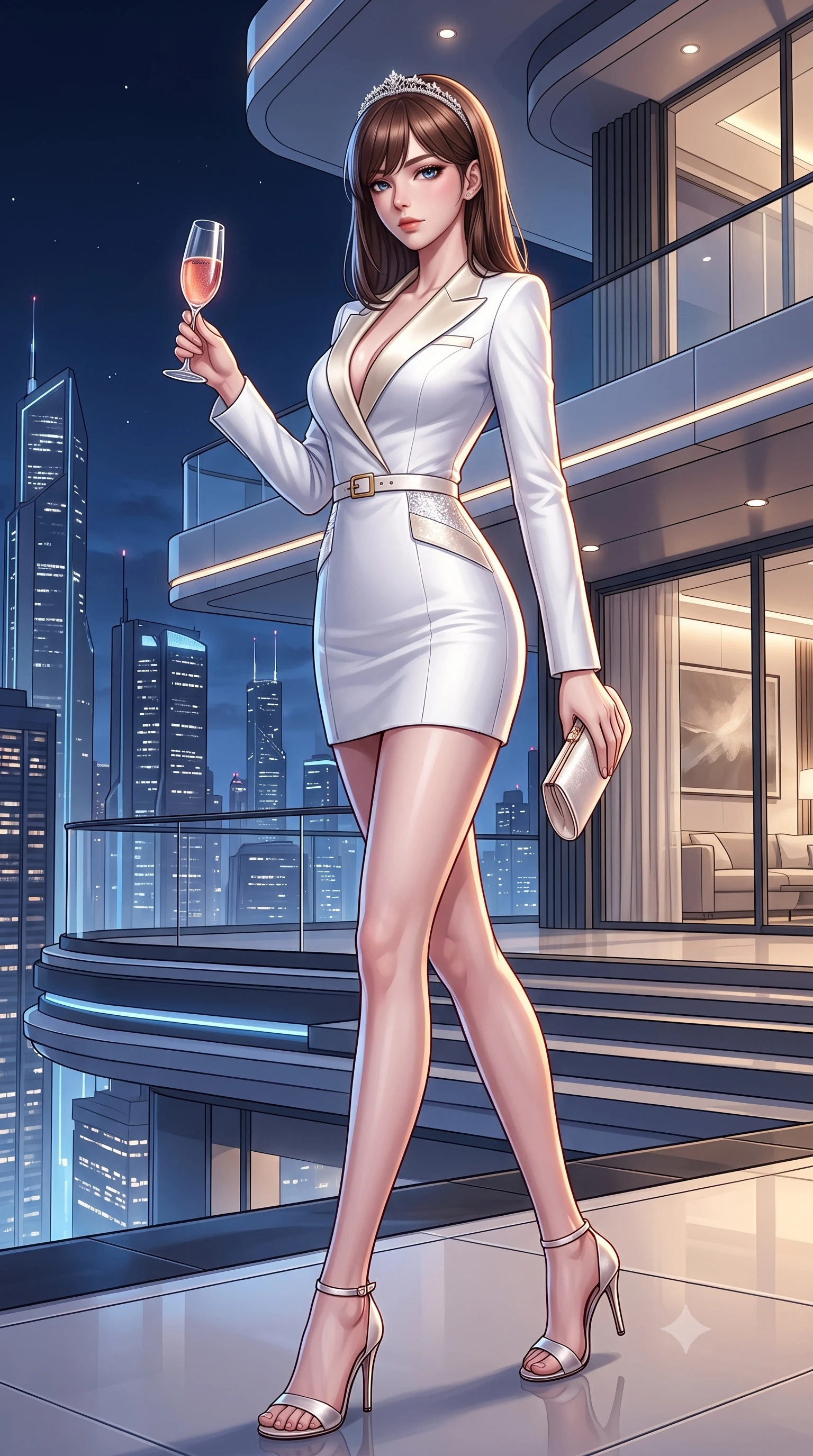 score_9, masterpiece, best quality, ultra-detailed, high-budget anime keyframe, semi-realistic 3D game render, editorial fashion photography, tasteful artistic composition, Korean woman. low angle full-body shot from head to toe showing her feet, filling the entire 9:16 vertical frame with her statuesque presence, stretching her vertical silhouette. stepping forward gracefully in mid-motion, displaying her toned flat midriff and flawlessly sculpted slender limbs while holding a chilled glass of vintage rosé, casting a smoldering, confident gaze over her shoulder into the lens. The surrounding environment is rendered in vivid detail and crisp panoramic clarity. sleek modern luxury chiaroscuro and futuristic skyline elegance rendered with environmental precision. She has an absolutely perfect, statuesque 8.5-heads proportion, an exceptionally tall and slender model-like female figure with impossibly long slender legs, a toned flat midriff, and an ultra-slim waist. sharp v-shaped jawline, high-bridge nose, intricate jewel-like eyes with depth, thick eyelashes, glossy lips with a natural sheen, captivating and magnetic expression, flawlessly proportioned anatomical accuracy, strict slender model proportions, natural body alignment, perfectly sculpted long slender limbs, ultra-slim waistline, clean dynamic posture without body distortion. wearing a tailored royal white tuxedo jacket dress with silk satin lapels and a slim gold-buckle belt in champagne ivory and delicate rose gold, crafted from tiered translucent tulle adorned with delicate micro-sequins, accessorized with a sparkling tiara headband and delicate satin clutch, the liquid-tight tailored fabric emphasizing every curve of her tall, slender model proportions and sculptured silhouette during dynamic movement. illuminated by crisp directional edge lights sharply sculpting her slender waist and long slender legs. highly saturated vibrant anime colors, detailed shading with soft gradients, rich glossy textures, high-contrast stereoscopic depth, volumetric dynamic lighting, master piece, 9:16 ratio