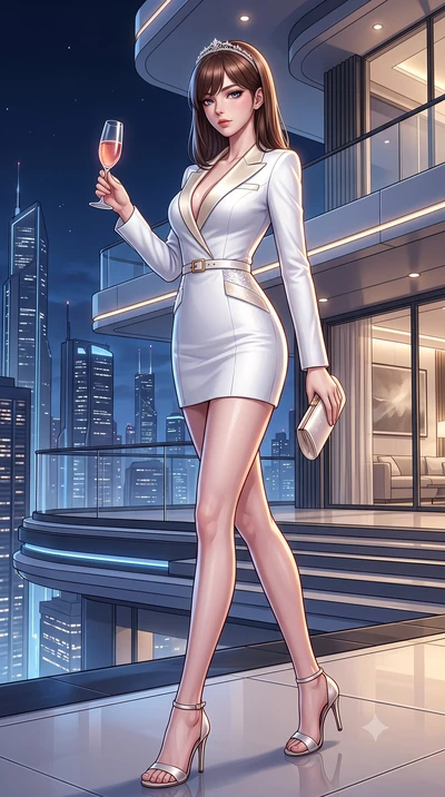 score_9, masterpiece, best quality, ultra-detailed, high-budget anime keyframe, semi-realistic 3D game render, editorial fashion photography, tasteful artistic composition, Korean woman. low angle full-body shot from head to toe showing her feet, fil