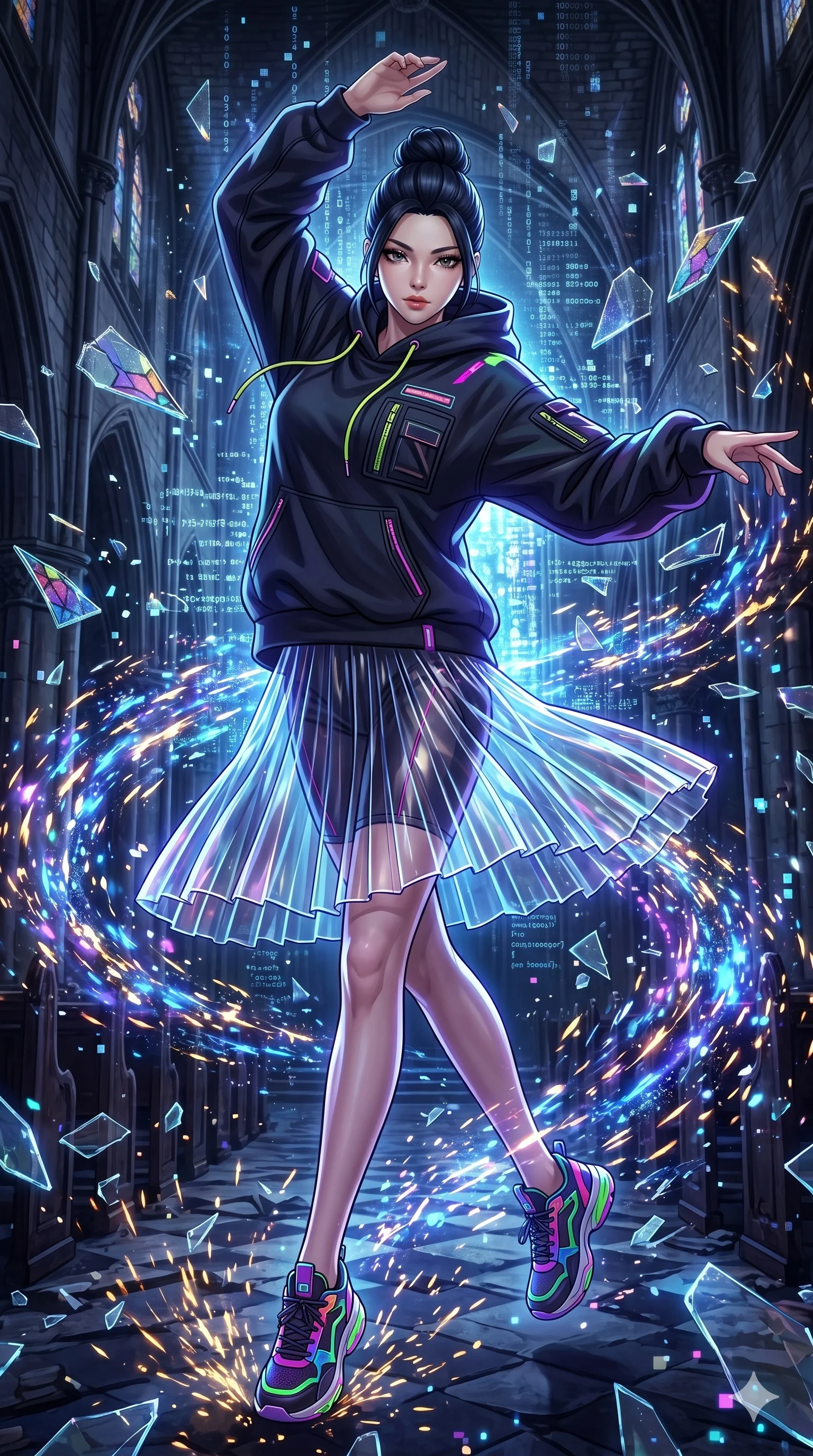score_9, masterpiece, best quality, ultra-detailed, Set A: High-budget Anime Keyframe, Korean woman. Upper body close-up from the thighs up, character filling the screen for maximum presence. Dancing through a shattered glass cathedral, while a digital blizzard of 229 bits obscures the horizon and surrounded by glowing energy sparks. She has an absolutely perfect 8-heads proportion, an exceptionally tall and slender female figure with impossibly long slender legs and an ultra-slim waist. Sharp v-shaped jawline, high-bridge nose, intricate jewel-like eyes with depth, thick eyelashes, glossy lips with a natural sheen. Wearing Streetwear tech-hoodie with a transparent PVC skirt and neon sneakers. Cinematic lighting, vibrant colors, dramatic shadows, 2k, ultra detail, master piece, 9:16 ratio