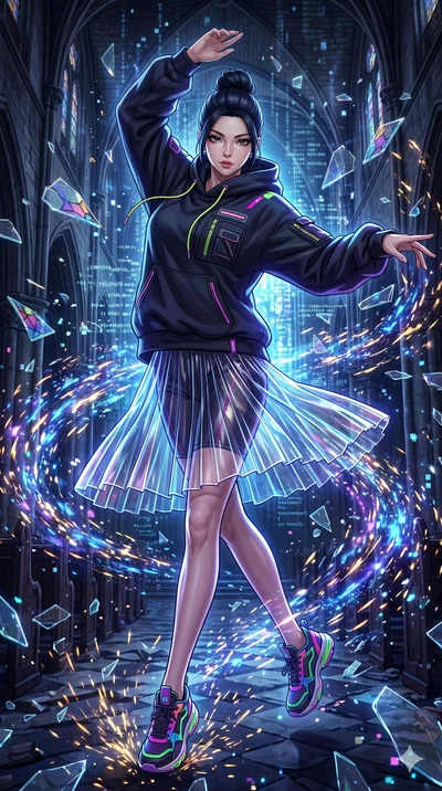 score_9, masterpiece, best quality, ultra-detailed, Set A: High-budget Anime Keyframe, Korean woman. Upper body close-up from the thighs up, character filling the screen for maximum presence. Dancing through a shattered glass cathedral, while a digit